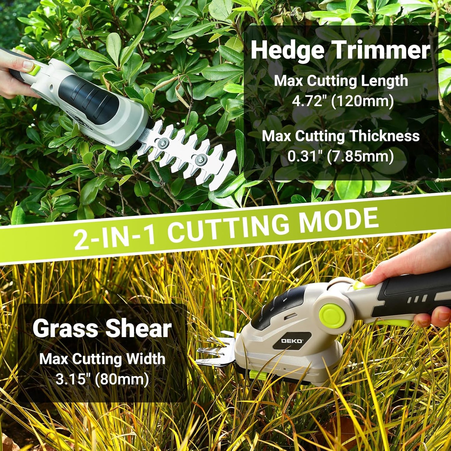 Hedge Trimmer Cordless Grass Shear: DEKOPRO 8V Electric Bush Trimmer Grass Cutter Trimmer, 2 in 1 Handheld Hedge Trimmers for Garden Lawn Hedge Yard, Lithium-Ion Battery and Type-C Cable Included