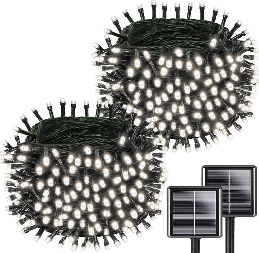 Solar String Lights Outdoor Waterproof 2PK 200LED 66FT Twinkle Lights Auto On/Off Solar Powered LED Fairy Light Green Wire with 8 Modes for Christmas Tree Party Wedding Garden Decoration (Cool White)