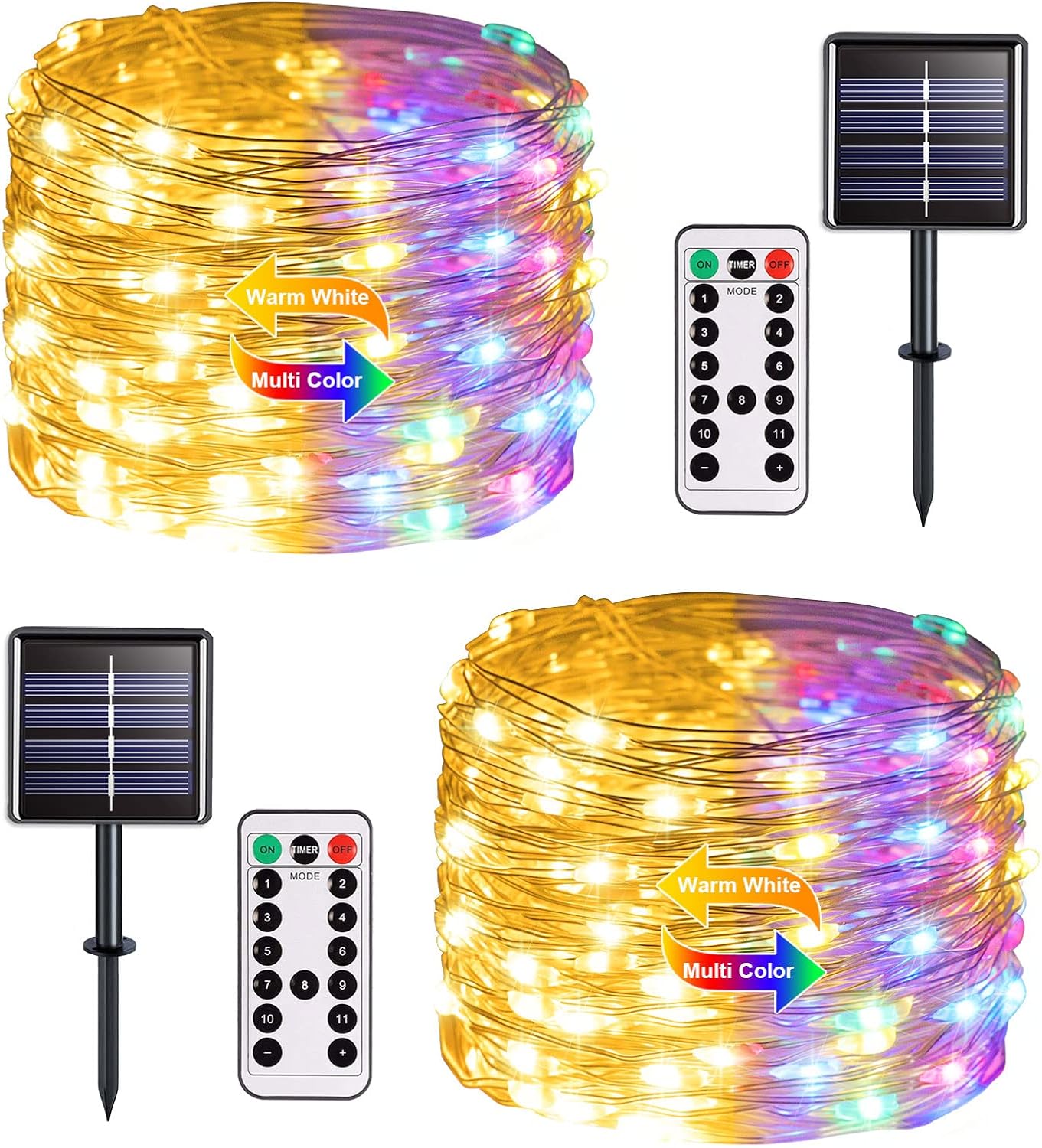 JMEXSUSS 2 Pack Solar Christmas Lights Outdoor Waterproof, 100 LED 33ft Warm White and Multicolor Color Changing Solar Fairy Lights, Copper Wire Solar String Lights for Outside Christmas Decorations