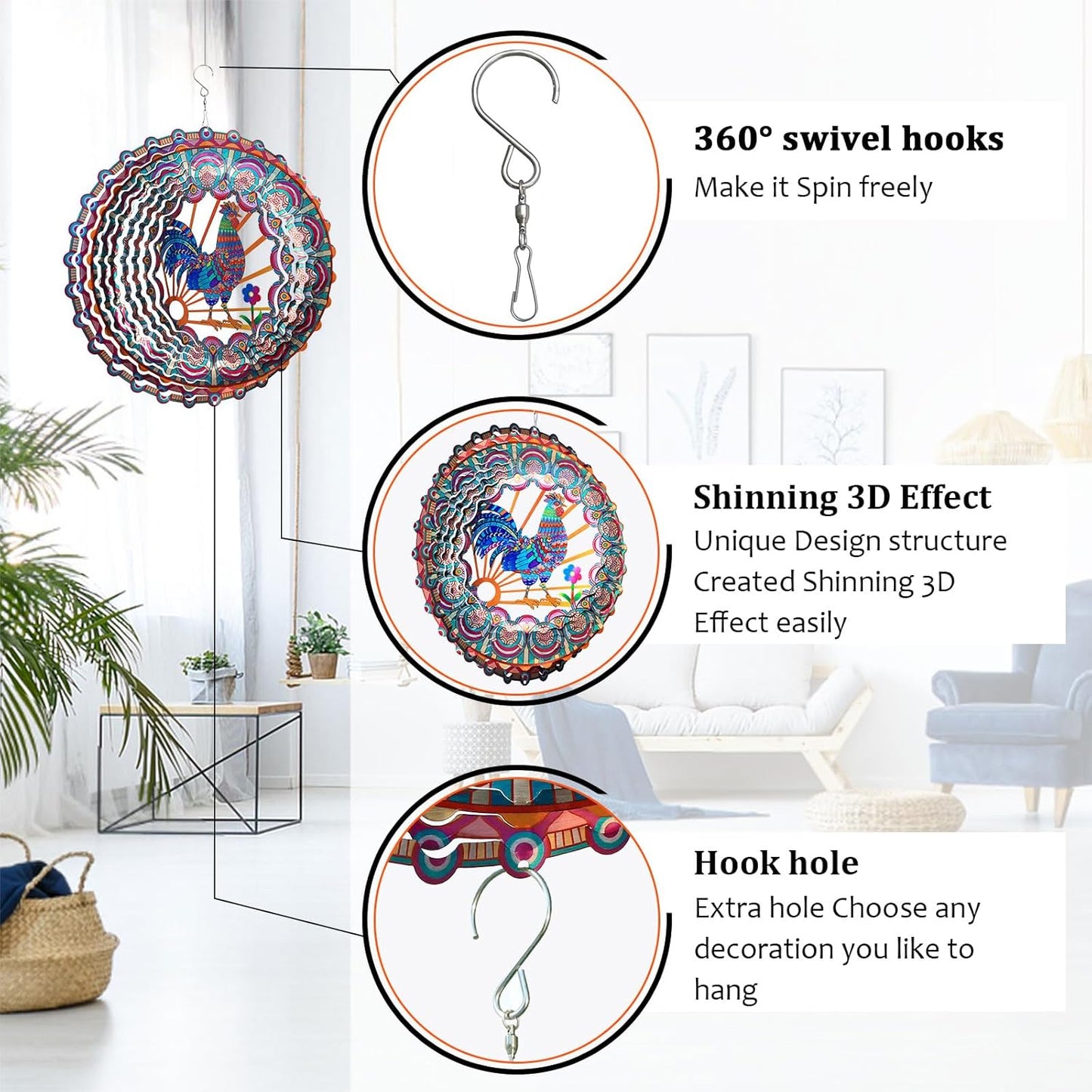 Rooster Wind Spinner - 3D Kinetic Chicken Wind Spinners | 12-Inch Rustproof Metal Hanging Sculpture, Outdoor Garden & Patio Decor, Unique Gifts for Dad, Mom, Men, Women