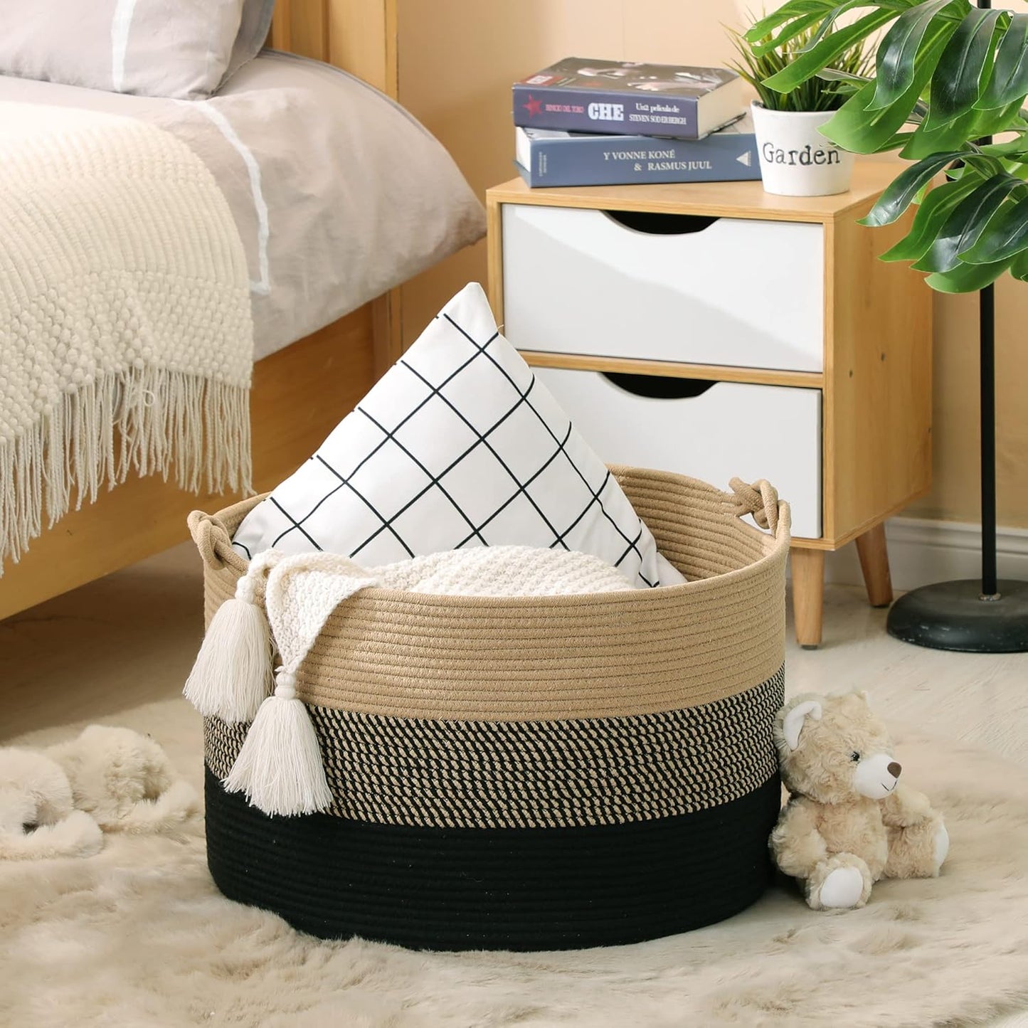 KAKAMAY Large Blanket Basket (20"x13"),Woven Rope Baskets for storage Baby Laundry Hamper, Cotton Rope Blanket Basket for Living Room, Laundry, Nursery, Pillows,Baby Toy chest (Jute/Black)