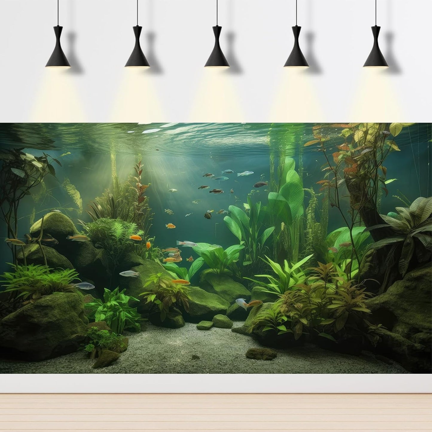Under The Sea Aquarium Background Underwater Aquatic Plants Fish Tank Background Tropical Fish Rock with Moss Terrarium Background Undersea Green Grass with Sunbeams Terrarium Background 36x24in