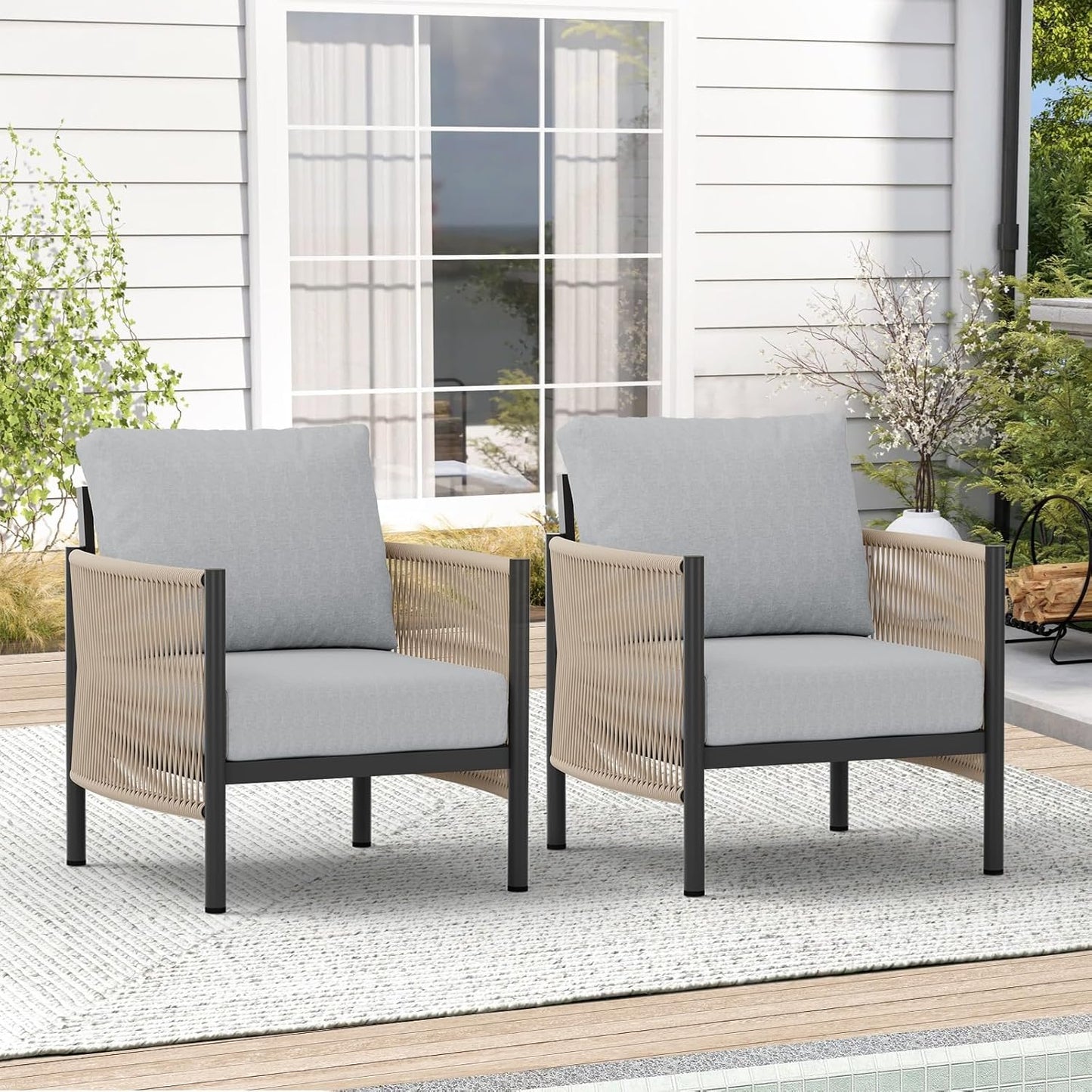 Aluminum Outdoor Sofa Armchair, HDPE Rope Patio Couch with Washable Thick Cushion, All-Weather Outdoor Patio Chairs Set of 2 for Balcony, Yard, Gray Frame, Gray