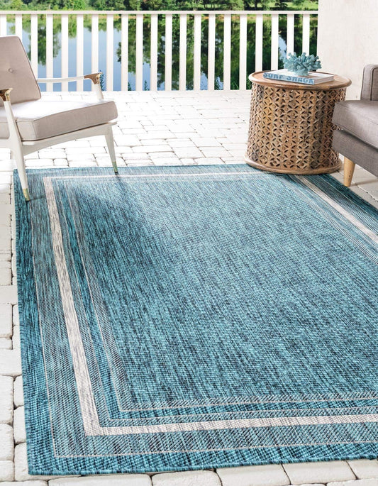 Unique Loom Outdoor Border Collection Area Rug - Soft Border (4' 1" x 6' 1" Rectangle, Teal/ Ivory)