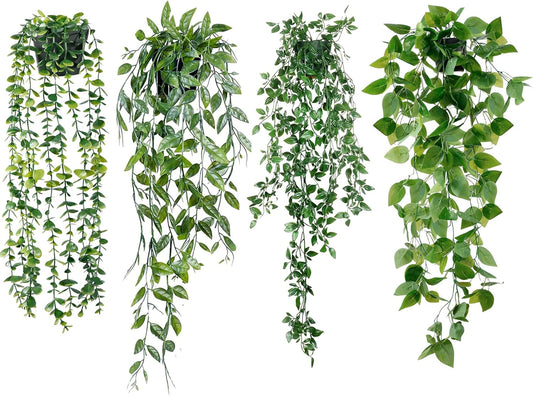 Sggvecsy Fake Hanging Plants 4 Pack Artificial Hanging Eucalyptus Plants Fake Potted Greenery Faux Eucalyptus Mandala Vine Ivy Vine Leaves Pea Pod for Home Indoor Outdoor Wall Garden Decor