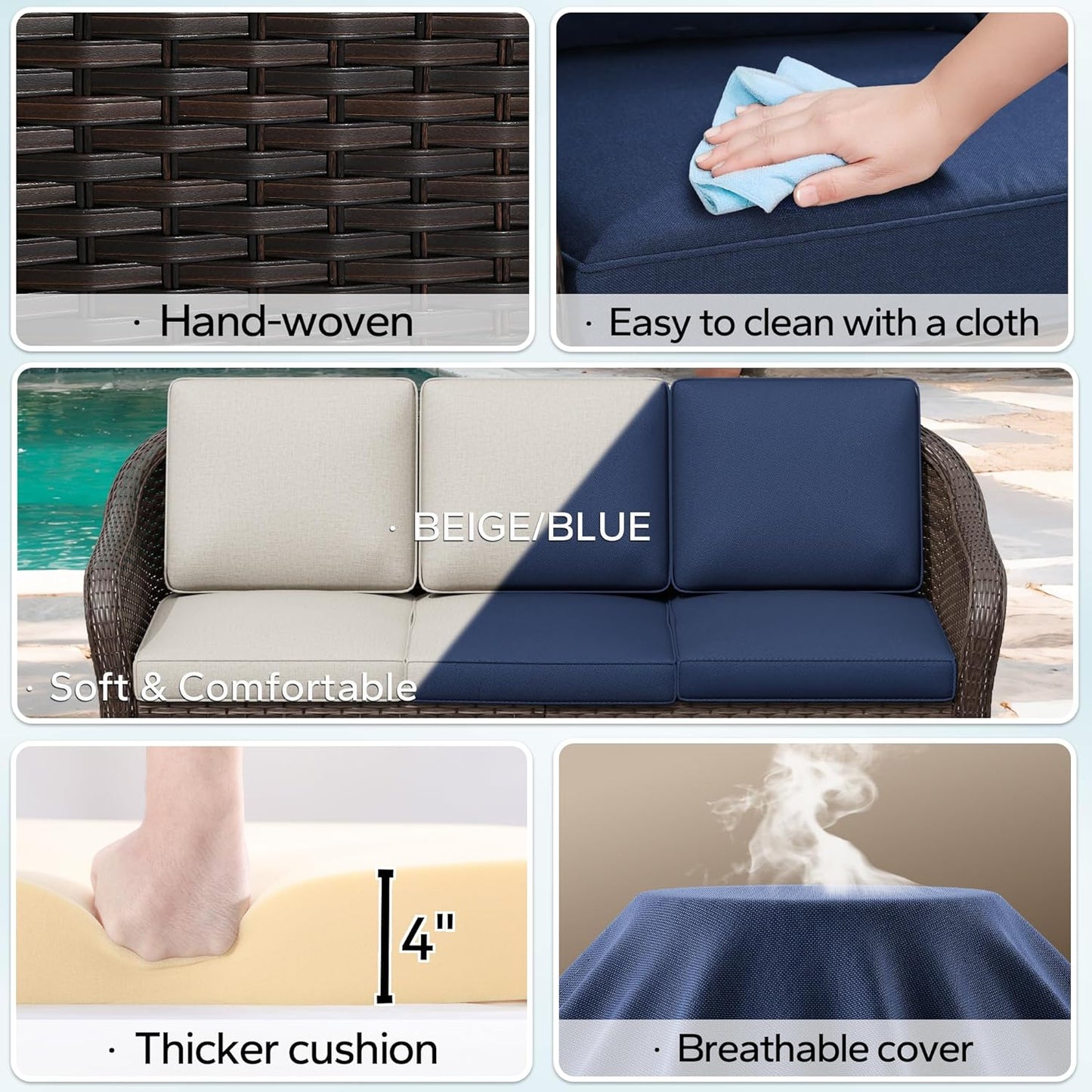 3 Pieces Patio Conversation Set, 78" Wicker 2-Seat Couch with Washable Cushions, Wicker 360 Degree Swivel Glider Rocker Chairs, Sofa for Garden, Lawn (Navy Blue)