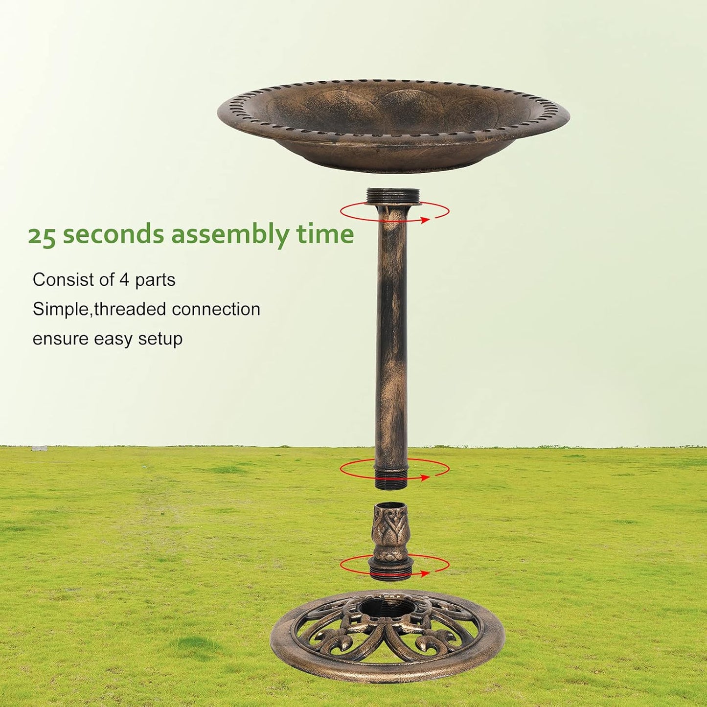 VINGLI Pedestal Bird Bath 28 Inch Antique Copper Resin Birdbaths Weather Resistant Floral Accents and Vintage Finish Garden Decor for Outdoor Lightweight Courtyard…