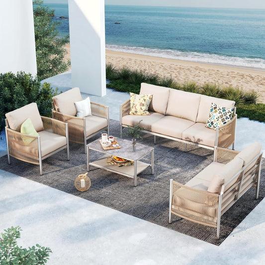 Aluminum Outdoor Patio Furniture Set, HDPE Rope 5 Piece Modern Sectional Conversation Sets with Dual-Layer Coffee Table, All Weather Patio Couch Sofa with Thick Cushions, Silver Frame, Beige