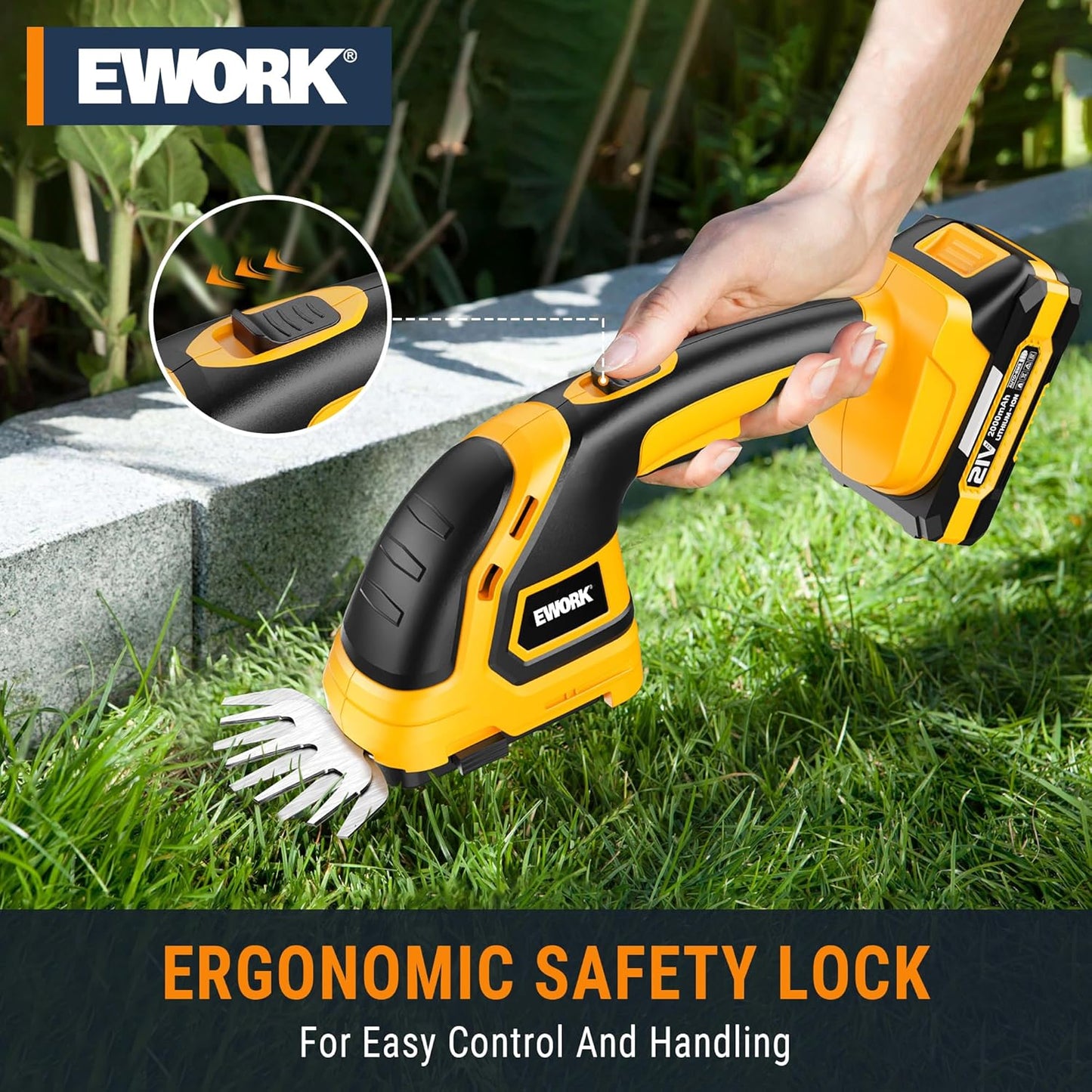 EWORK 21V Cordless Hedge Trimmer & Grass Shears 2-in-1 Handheld Small Electric Bush Trimmer with 2.0Ah Battery and Charger, Battery Powered Shrub Trimmer for Garden, Yard, Lawn Maintenance