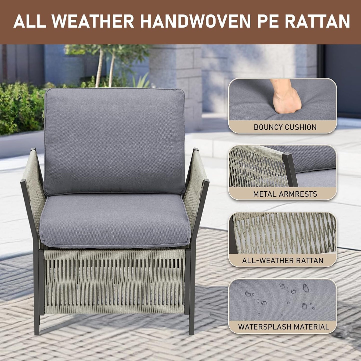 Patio Furniture Wicker Outdoor Conversation Set, 3-Piece All Weather Patio Furniture Rattan Rocking Sets with Removable Cushions & Side Table for Backyard, Balcony and Deck, Dark Grey