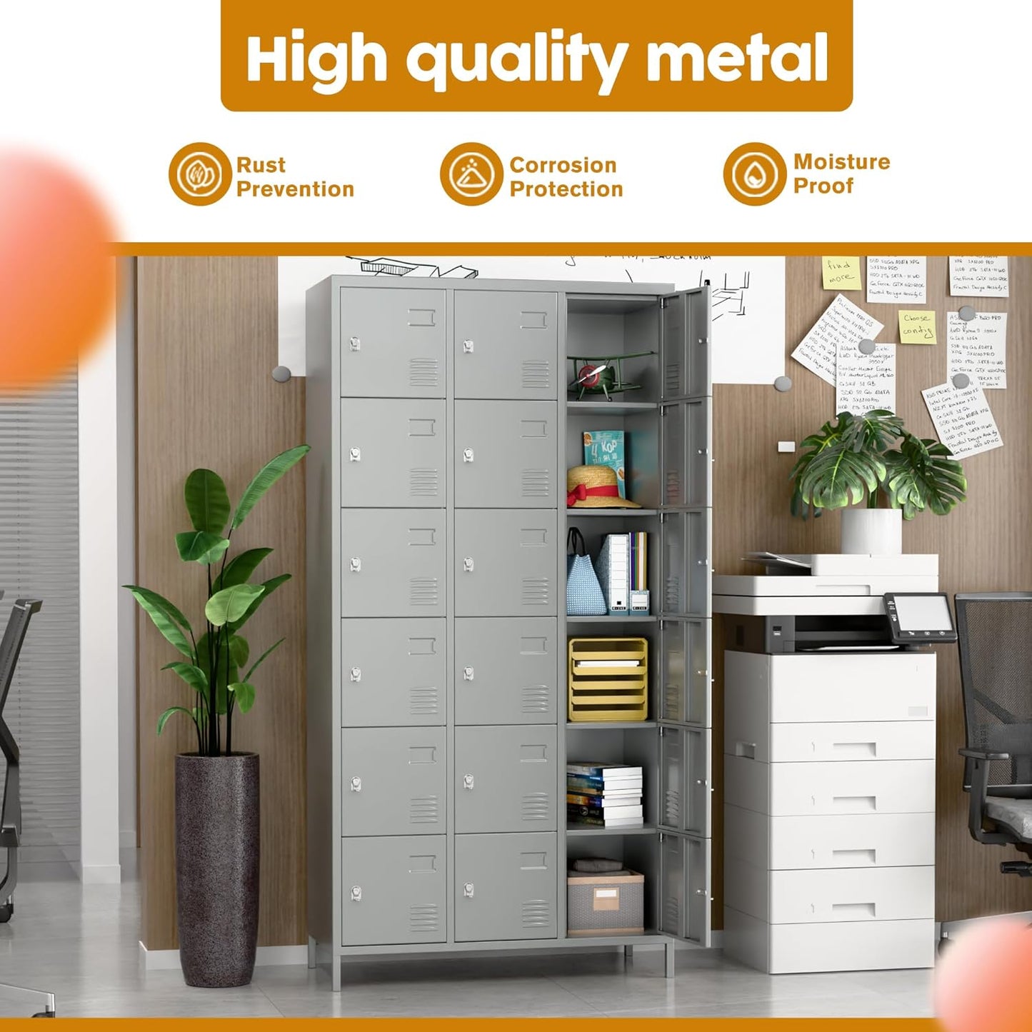 18 Doors Metal Storage Locker with Business Card Holder, 72" H Employees Lockers Storage Cabinet for Home, Office, Gym, School, Assenbly Required, Light Gray