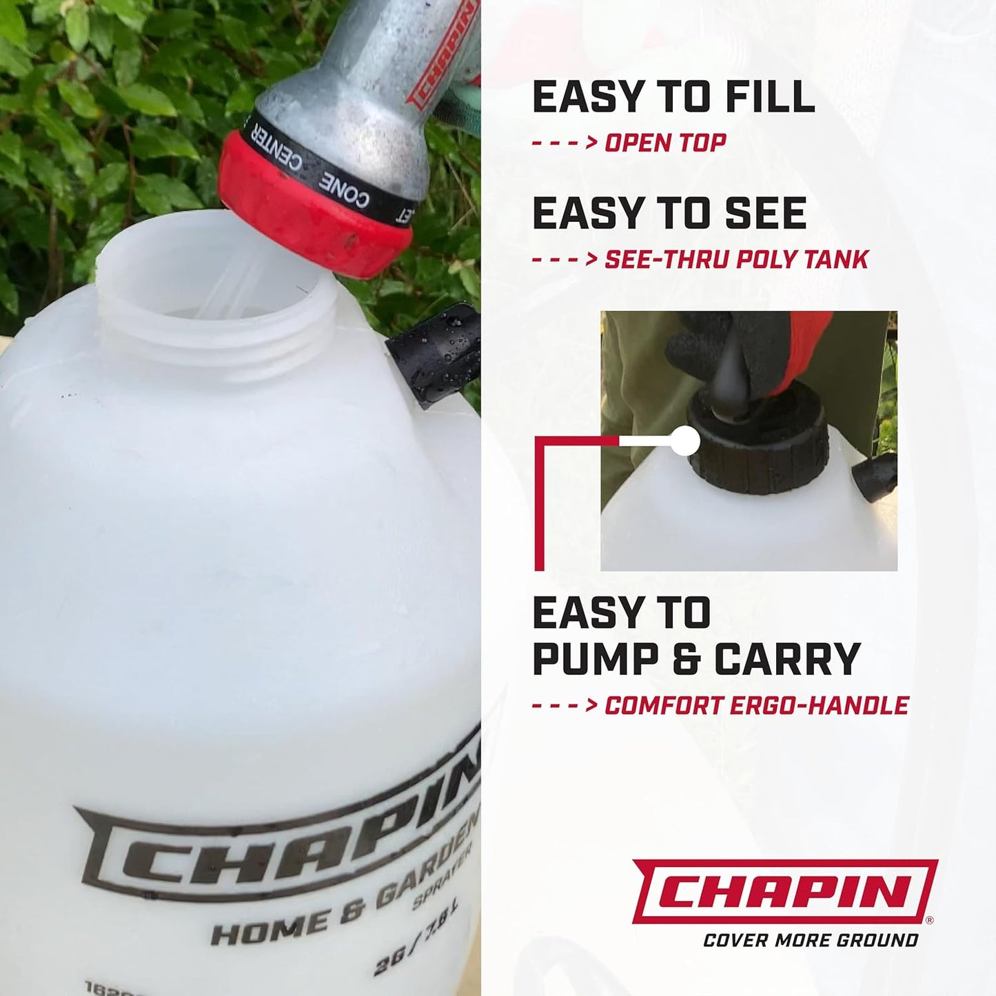 Chapin 16100 1-Gallon Made in USA Garden Pump Sprayer with Ergonomic Handle, Trigger Shut Off, Adjustable Cone Nozzle and in-Tank Filter, for Spraying Weeds, Insects, Fertilizers, Translucent White