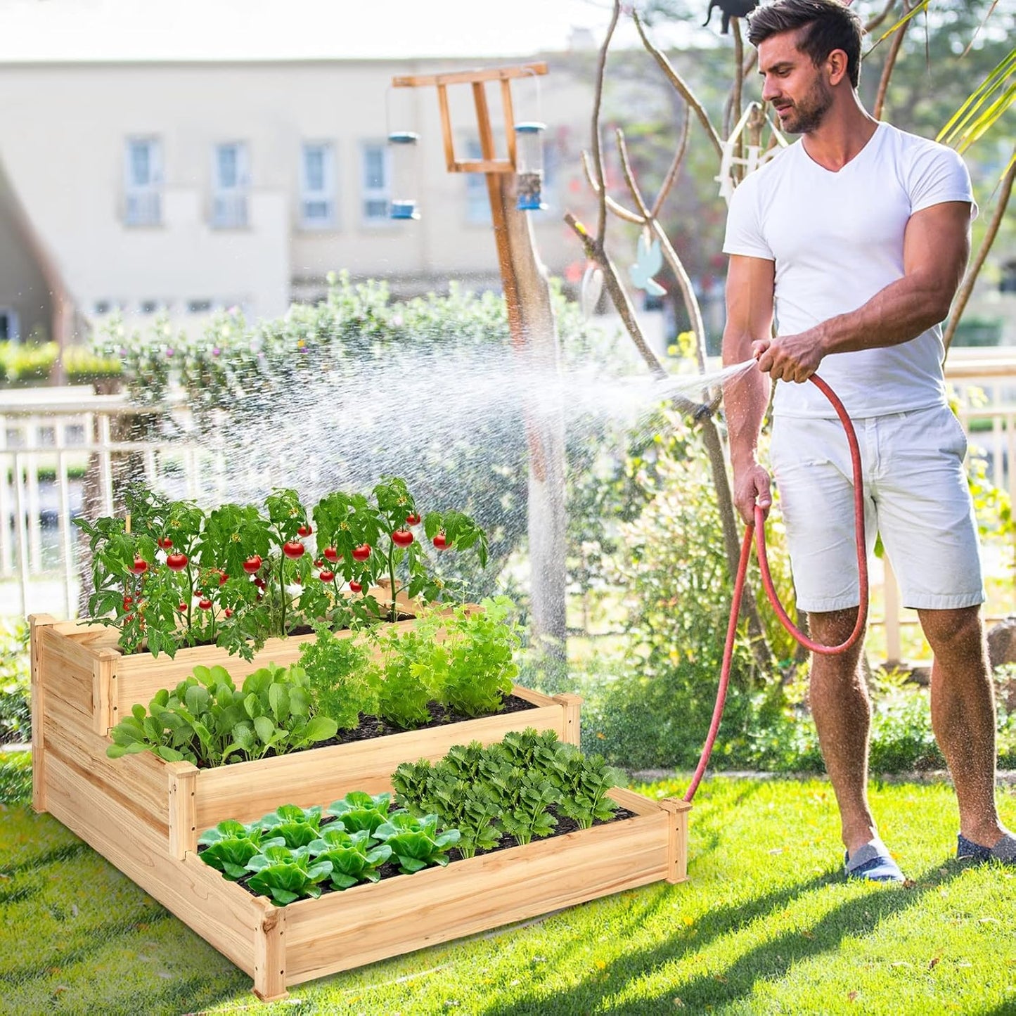 COSTWAY 3-Tier Raised Garden Bed, Wooden Elevated Planter Box for Vegetables Flowers Herbs Fruits, Outdoor Growing Planter Box Stand for Garden, Backyard, Patio, Balcony