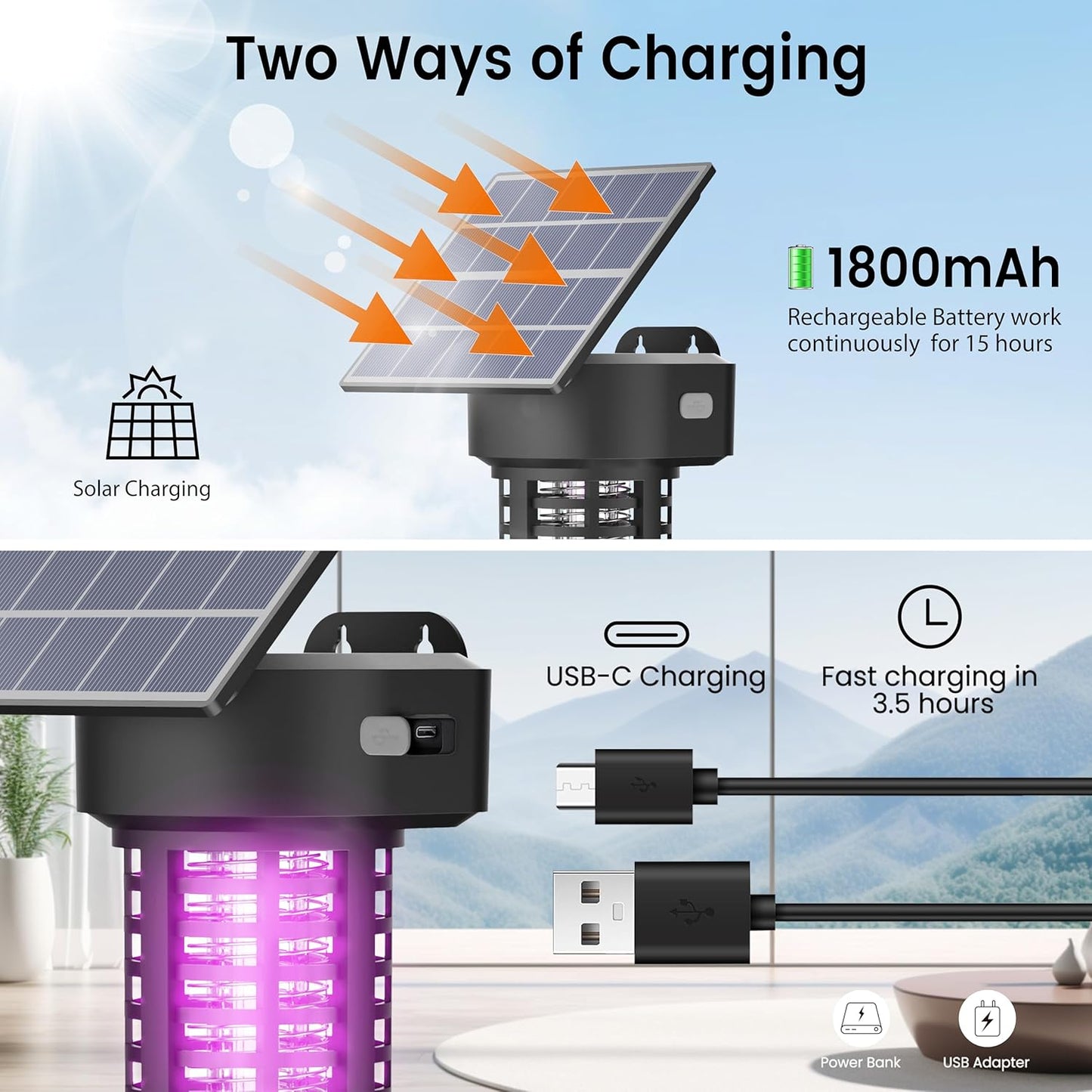 Solar Bug Zapper Outdoor, Garden Mosquito Zapper Waterproof & Cordless & Rechargeable & Auto On/Off and Manual Mode，Flying Insect Zapper Mosquito Killer Lamp Catcher for Patio Camping