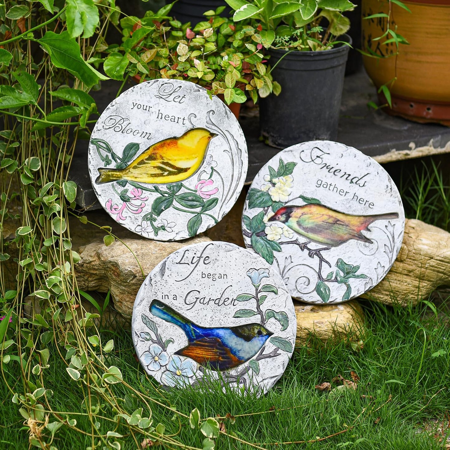 Sungmor 3PC Pretty Garden Stepping Stones, 9.5" Large Concrete Decorative Stones with Beautiful Pattern, Unique Outdoor Lawn Accents, Yard Walkway Flower Bed Wall Shelf Welcome Friends Decorations