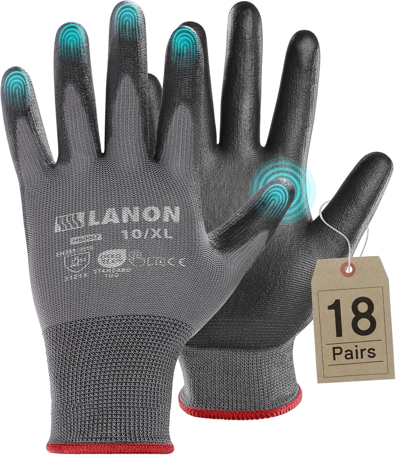 LANON 18 Pairs Safety Work Gloves, Mechanic Working Gloves for Men,Breathable PU Coated, Seamless Knit,Double Wash, Grey, X-Large