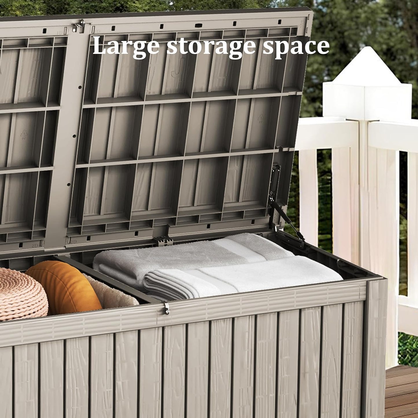 200 Gallon Coffee Resin Deck Box - Rustic Wood-Look, Waterproof & Lockable Outdoor Storage for Garden Tools, Patio Essentials - All-Weather Container for Farmhouse Decks, Backyards