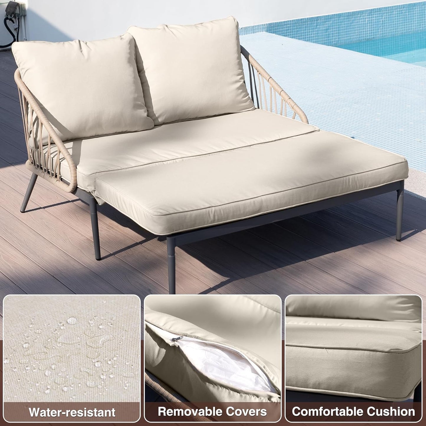 Patio Adjustable Daybed, 2-Person Outdoor Daybed with Cushions and Pillows, Woven Rope Patio Loveseat Garden Adjustable Reclining Chaise Lounge for Lawn