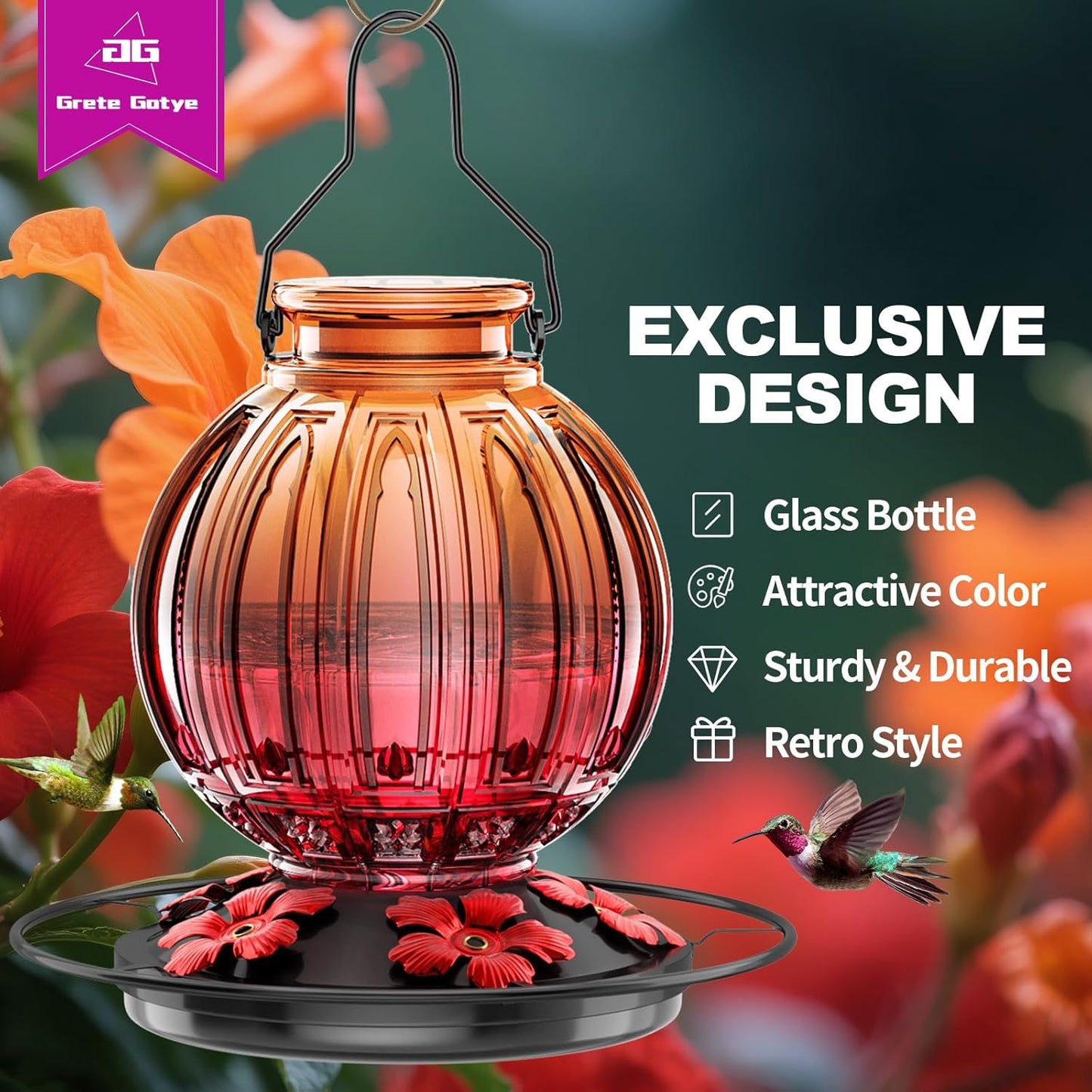 Glass Hummingbird Feeder for Outdoors Hanging, 26Oz Bird Nectar Feeder with Perch & 5 Flower Feeding Ports, Leak Proof for Outside Garden Decor Backyard, Gifts for Women Mom, Clear & Red