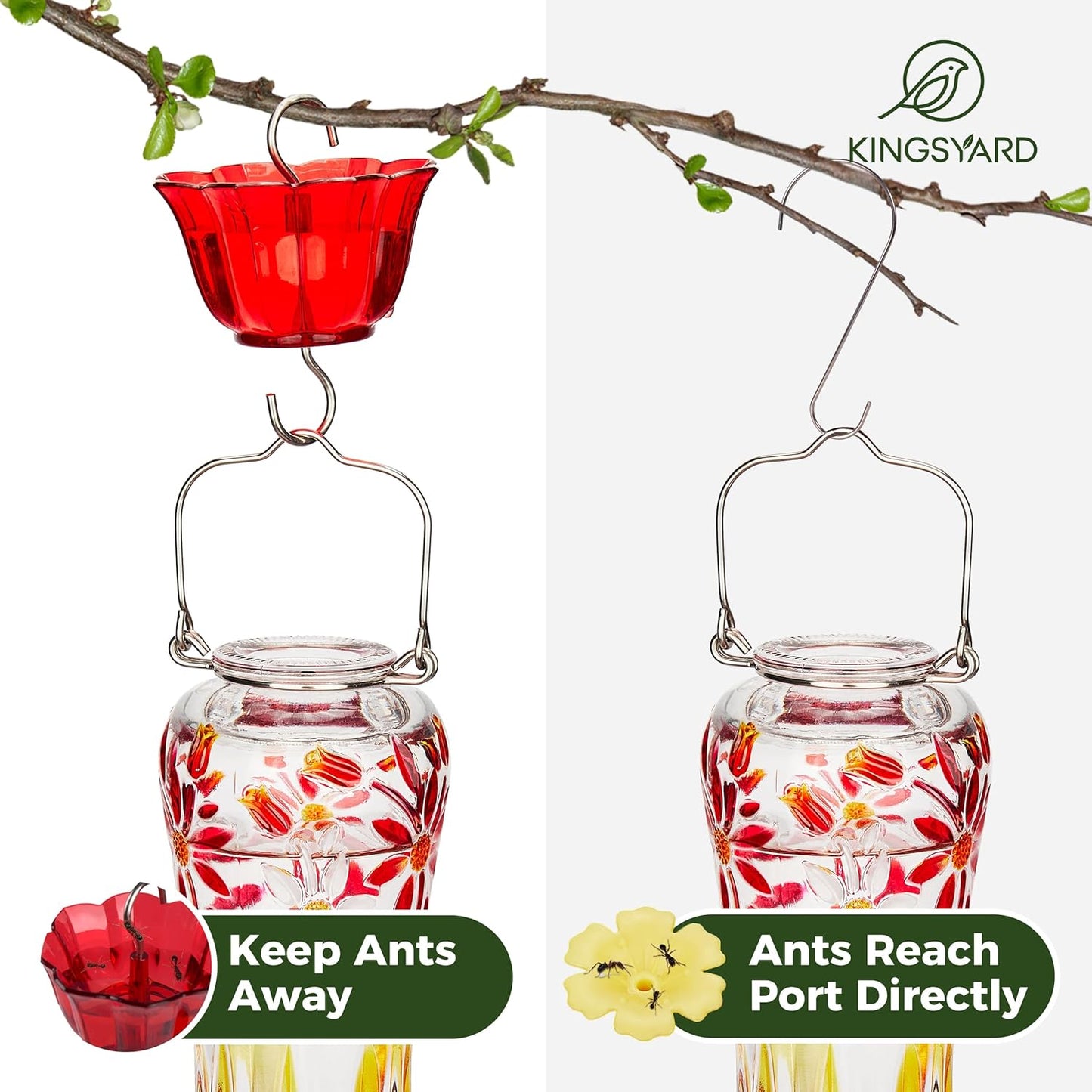 Kingsyard 2 Pack Glass Hummingbird Feeders for Outdoors Hanging, Hummingbird Nectar Feeder with Ant Moat & 6 Feeding Ports, 25 Oz Leak Proof, Red