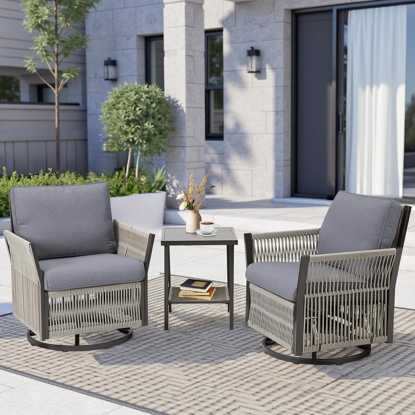 3 Pieces Wicker Bistro Set Chairs Patio Porch Furniture Sets, All-Weather PE Rattan Outdoor Conversation Set with Removable Cushion & Side Table for Porch, Deck, Poolside - Dark Grey