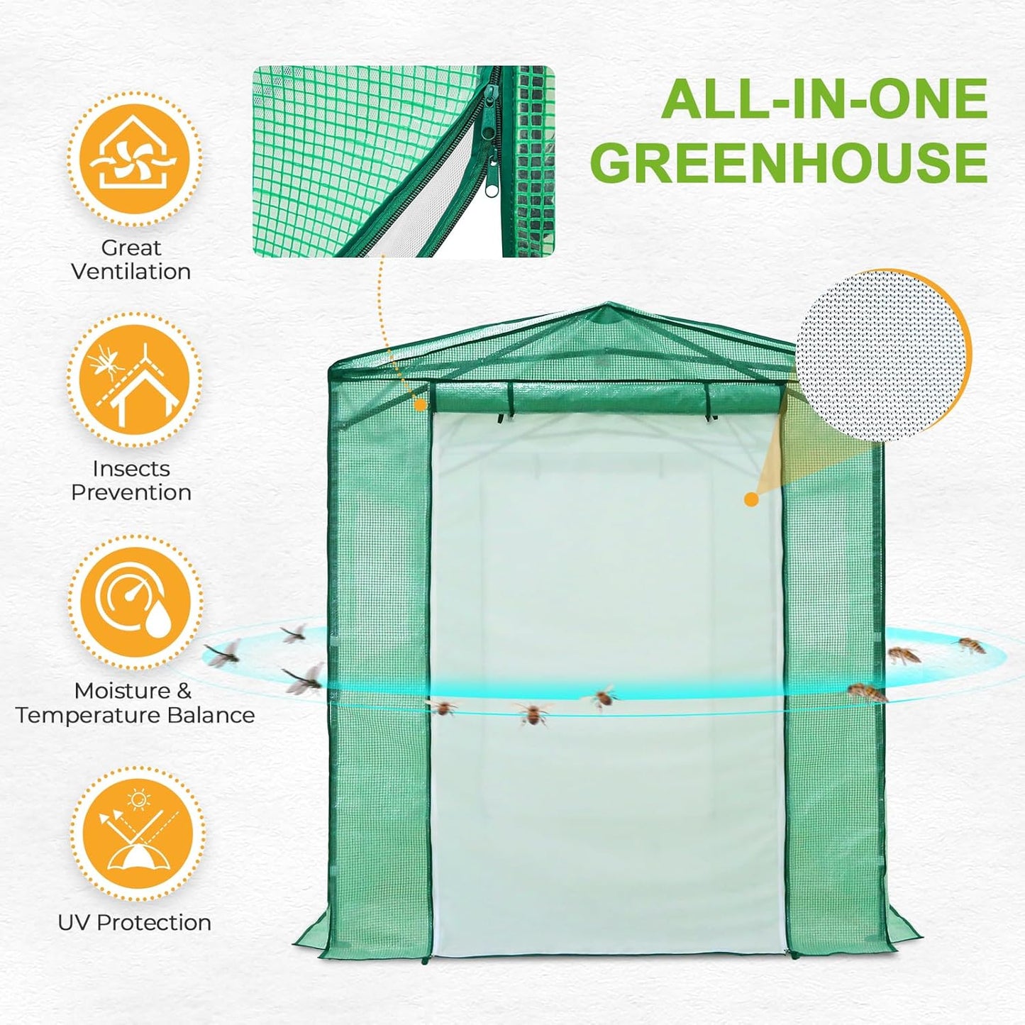 EAGLE PEAK 8x6 Portable Walk-in Greenhouse Instant Pop-up Indoor Outdoor Plant Gardening Green House Canopy with Dual Roll-up Zipper PE Door & Upgraded Screen Mesh Door, PE Cover, Green/Clear