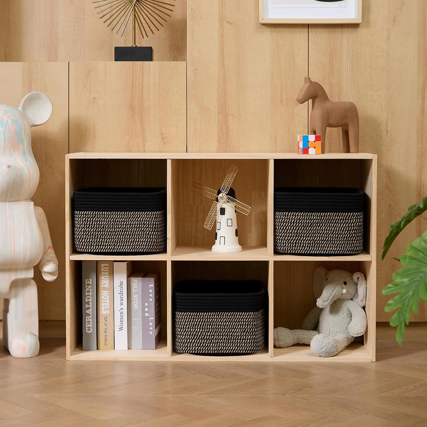 Small Organizing Baskets for Cubes Shelf, 9.7x9.7x7.1 Inch Rope Woven Storage Bins for Nursery Shelves Storage, Cute Toy Basket, Square 3 Packs Black Brown