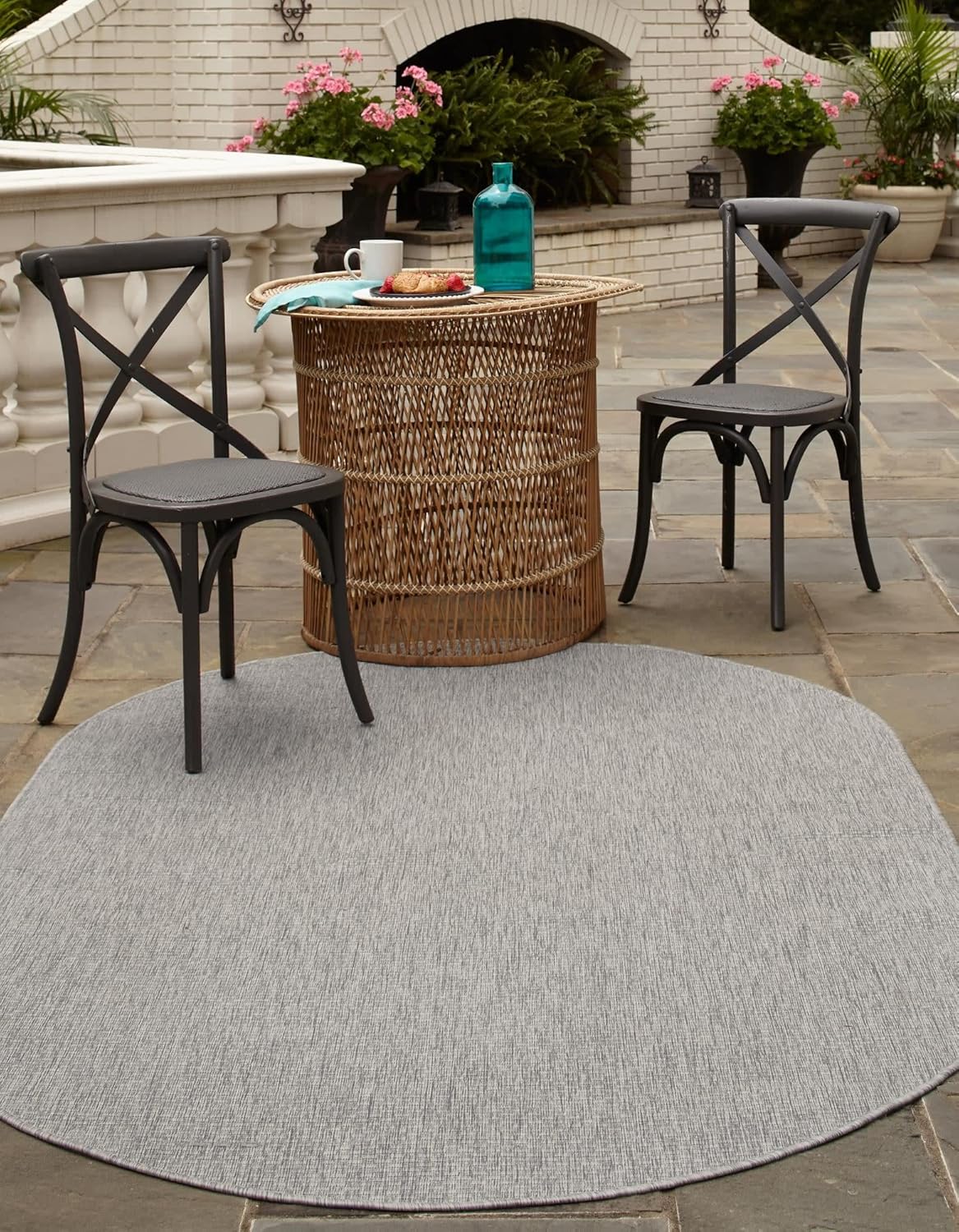 Unique Loom Collection Casual Transitional Solid Heathered Indoor/Outdoor Flatweave Area Rug (7' 10" x 10' Oval, Light Gray/Ivory)