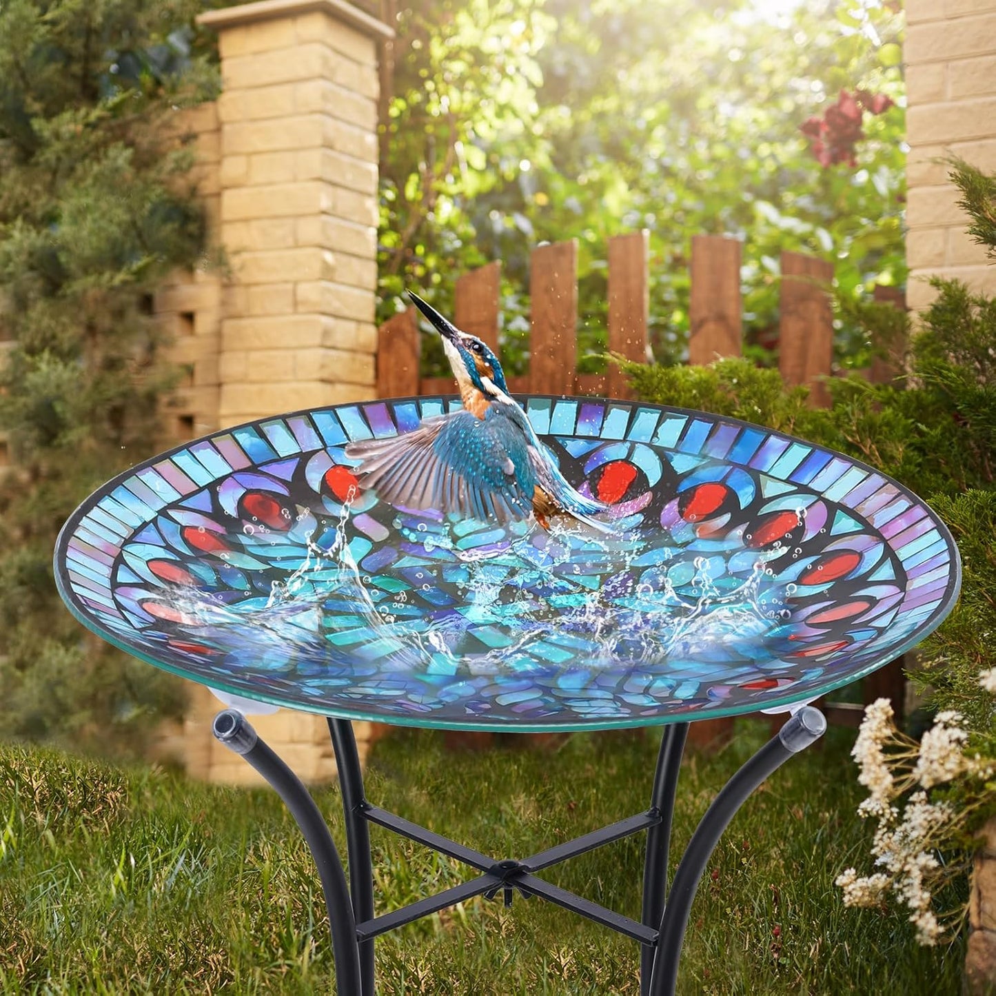 VCUTEKA Mosaic Bird Bath, Glass Birdbath Detachable with Metal Standing for Outdoor Patio Garden Backyard Décor