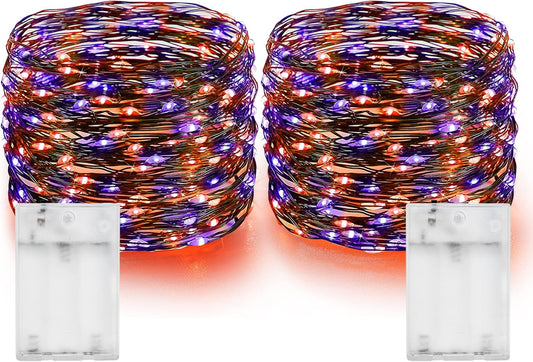 Dazzle Bright Purple and Orange Fairy String Lights, 2 Pack Total 40FT 120 LED Copper Wire Battery Operated Waterproof Lights, Halloween Decorations for Indoor Home Outdoor Patio Yard Party Decor