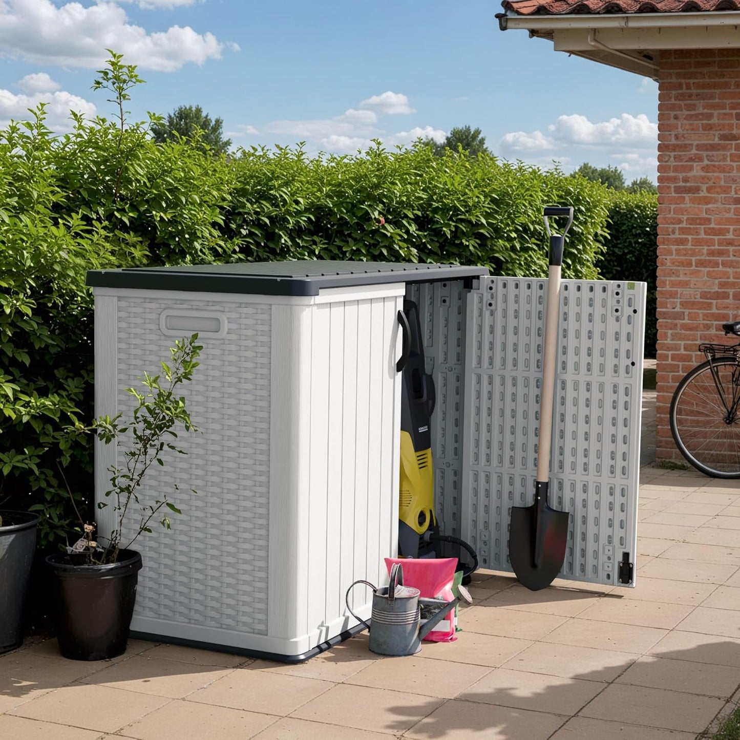 Devoko Outdoor Storage Cabinet 26 Cu Ft with Lockable Doors, Horizontal Storage Shed Waterproof Patio Tools Storage Box for Sofa Cushions, Gardening Tools and Accessories (White)