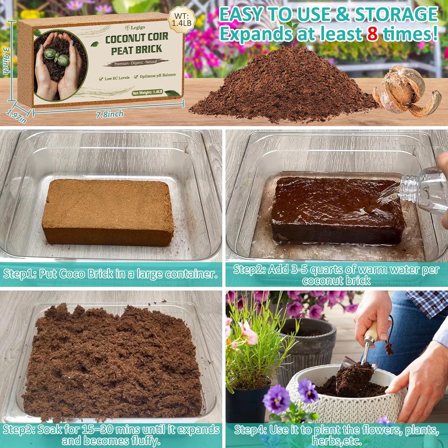 Legigo 10 Pack Premium Coco Coir Brick for Plants- 100% Organic Compressed Coconut Coir Bricks Starting Mix, Coco Coir Fiber Coconut Husk for Planting, Gardening, Potting Soil Substrate, Herbs