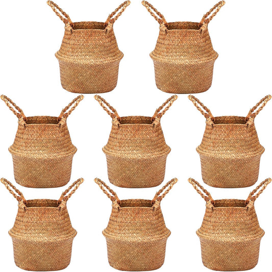Qunclay Woven Seagrass Baskets Belly Basket Folding Boho Natural Plant Pot with Handles Round Decorative Wicker Large Indoor Planter for Home Outdoor Tree Planters Decor(12 x 11 Inch, 8 Pcs)