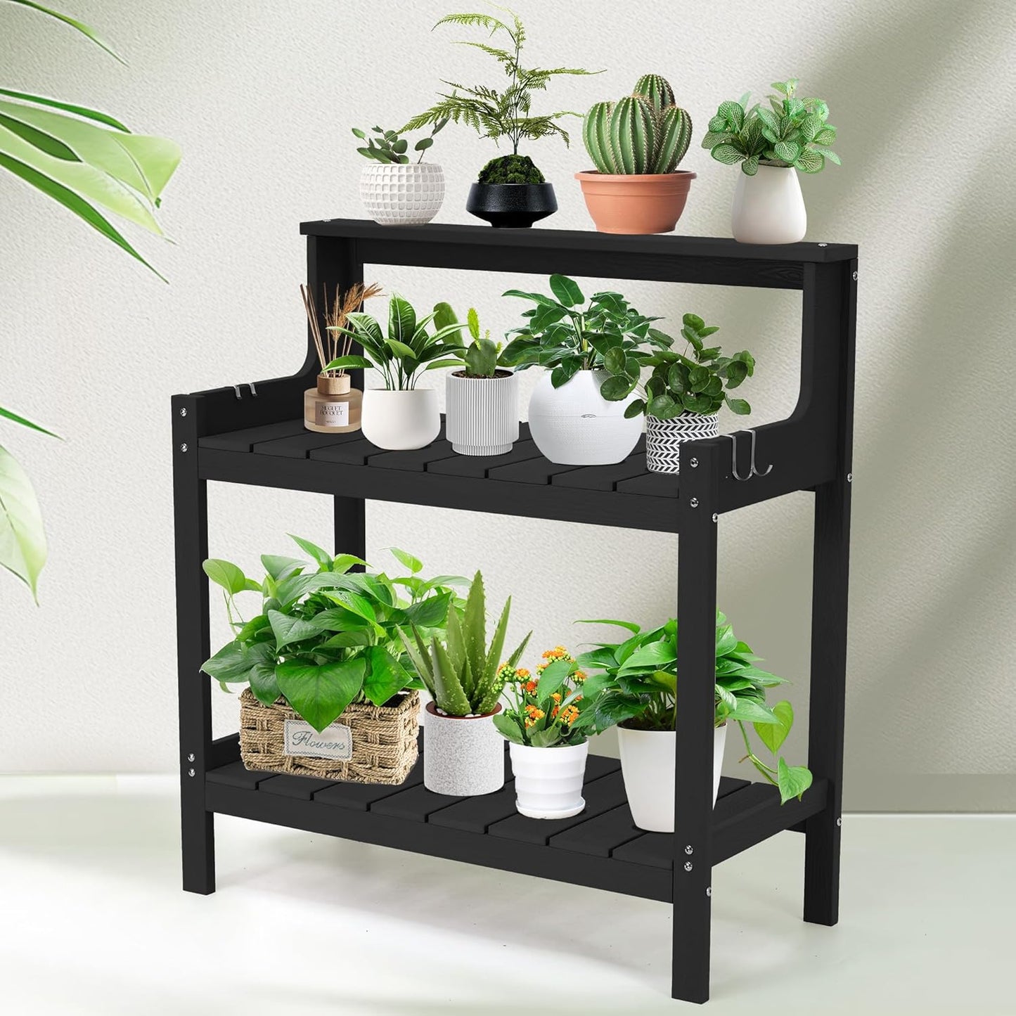 Outdoor Potting Bench HDPS Potting Table with 4 Side Hooks All-Weather Garden Table Work Station 360lbs Capacity Garden Potting Bench for Porch Black