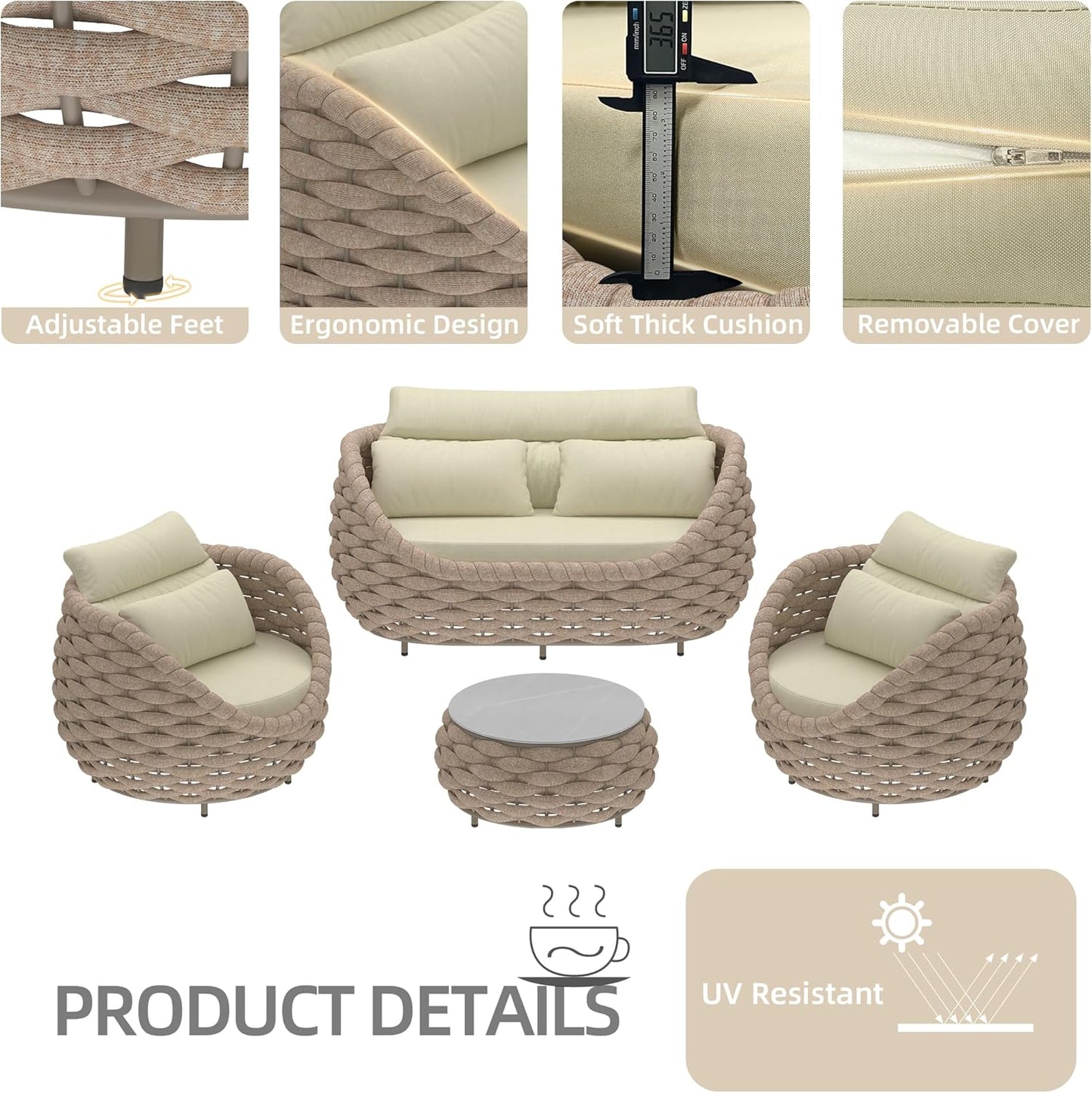 TWT Patio Furniture Sofa Set 4 Pieces Aluminum Outdoor Furniture w/25.6in Coffee Table,Patio Conversation Set with Hand Woven Textilene Rope for Backyard Garden Poolside (Khaki)