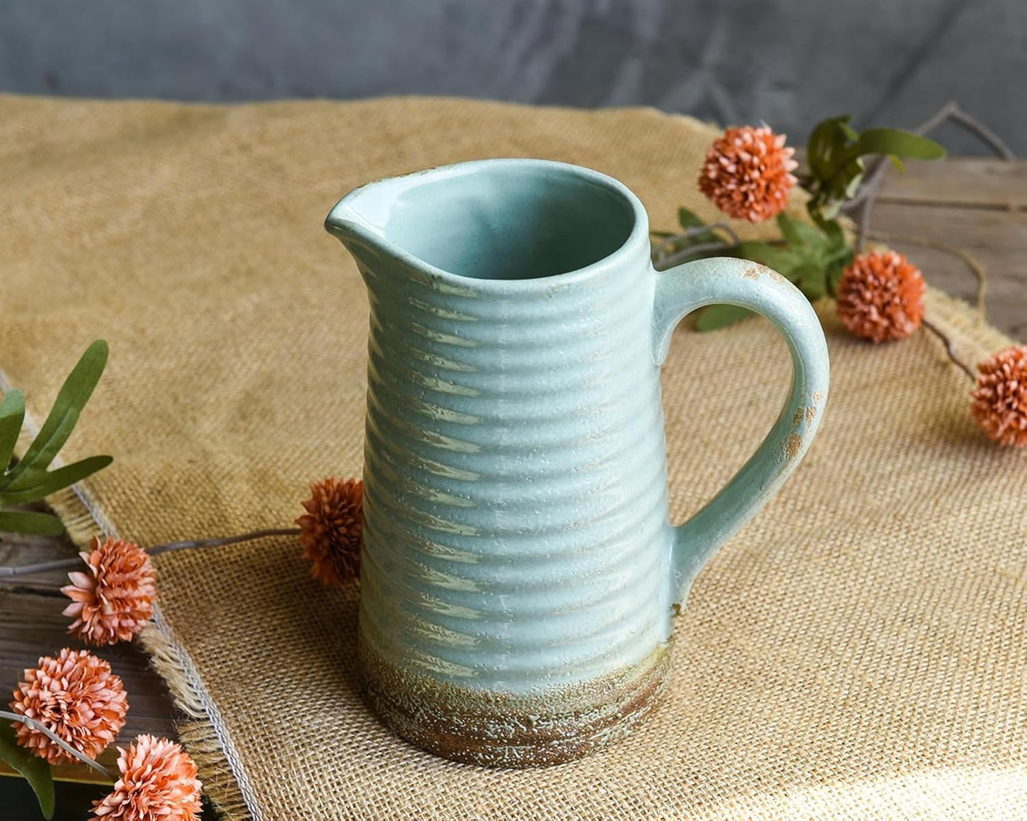 Quoowiit Ceramic Rustic Vase with Handle, Green Distressed Decorative Farmhouse Pitcher Vase for Home Decor Living Room Bedroom Kitchen Office Shelf Decor Centerpiece Table Decoration