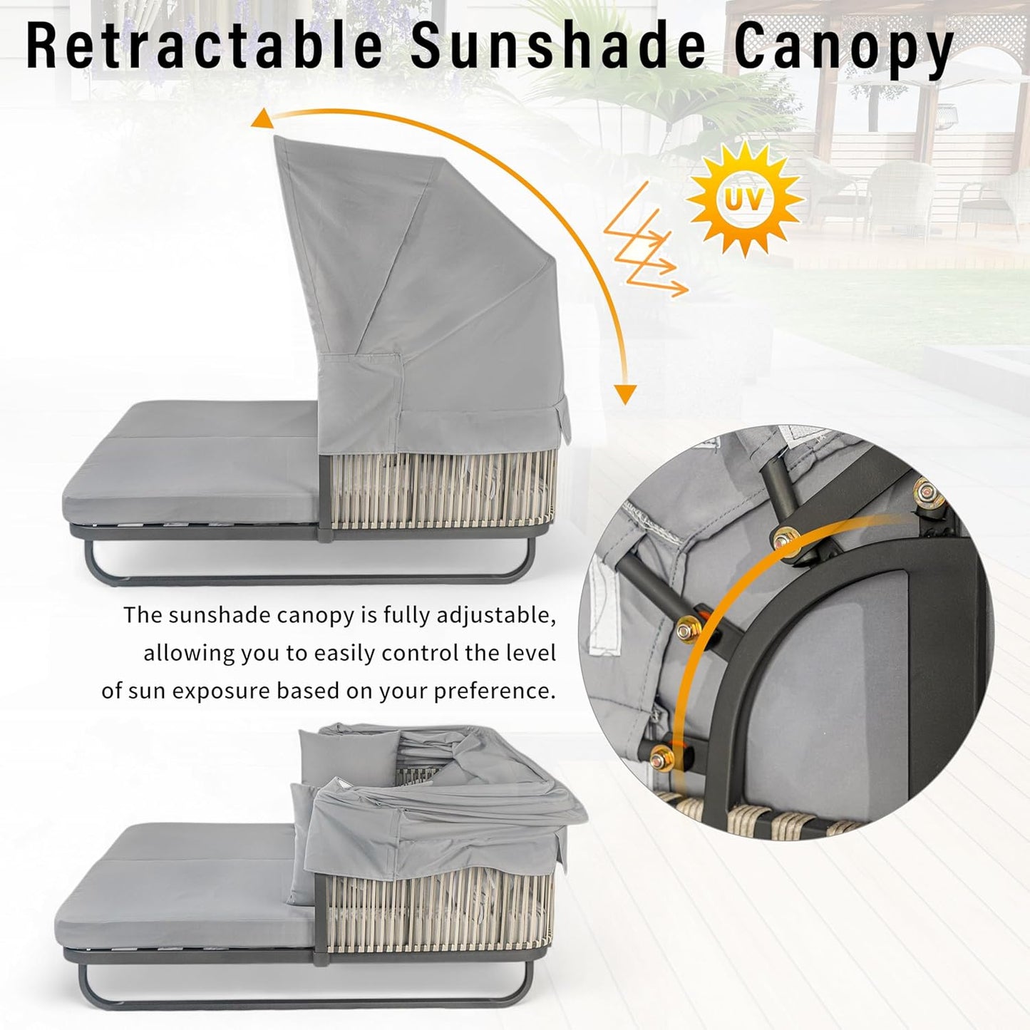 kevinplus Outdoor Patio Sunbed Daybed Double Lounge with Adjustable Canopy for Garden Backyard Pool, Iron Frame & Rattan Material & Moveable Cushion Cover, Gray