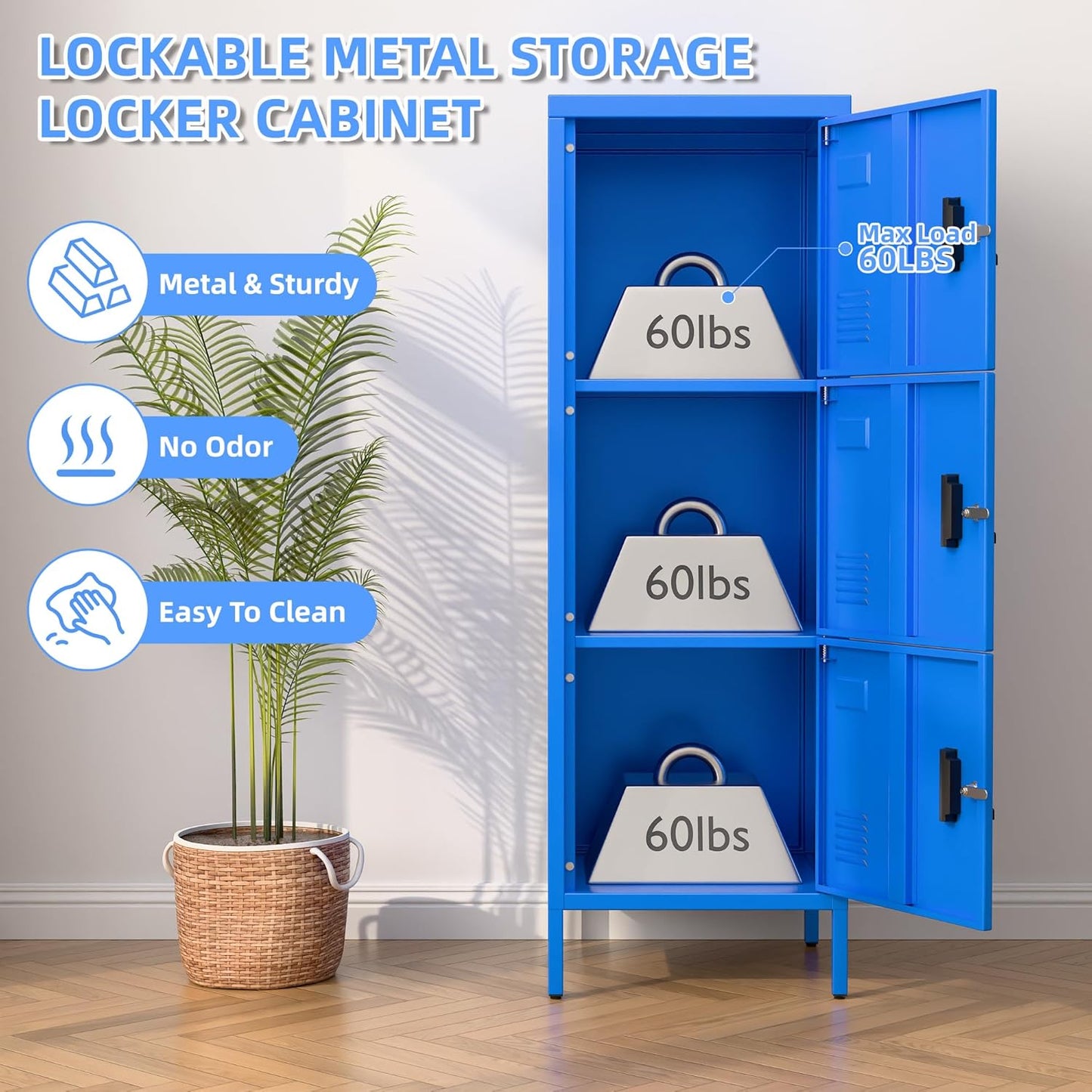 METAN Metal Storage Employees Locker with 3 Lockable Doors,47''H*16''W*16''D Locking Storage Cabinets for Small Spaces,Home,School,Gym,Assembly Required,Blue