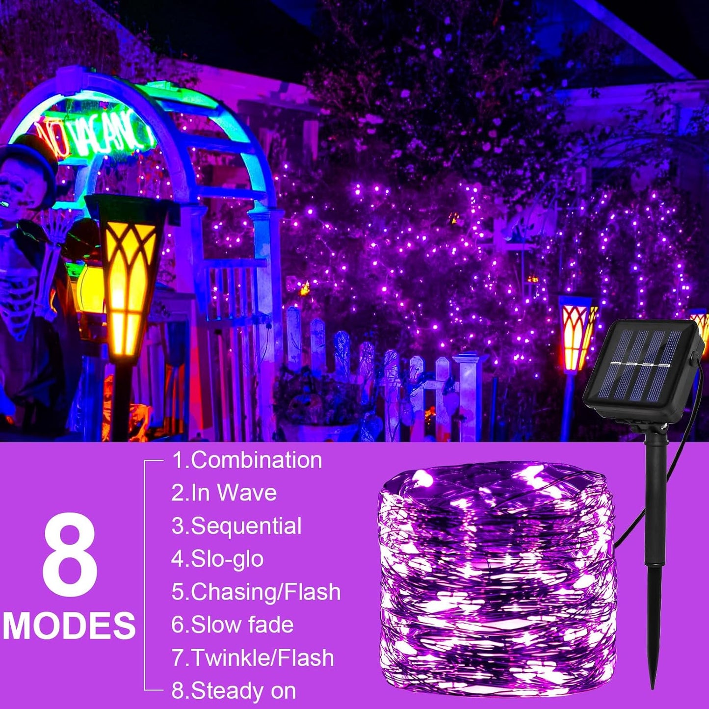 Solar Powered String Lights Outdoor, 2 Pack Total 200 LED 66FT Solar Powered Halloween Decorative Fairy Lights 8 Modes Black Wire for Halloween, Garden, Patio, Party, Yard, Christmas(Purple)