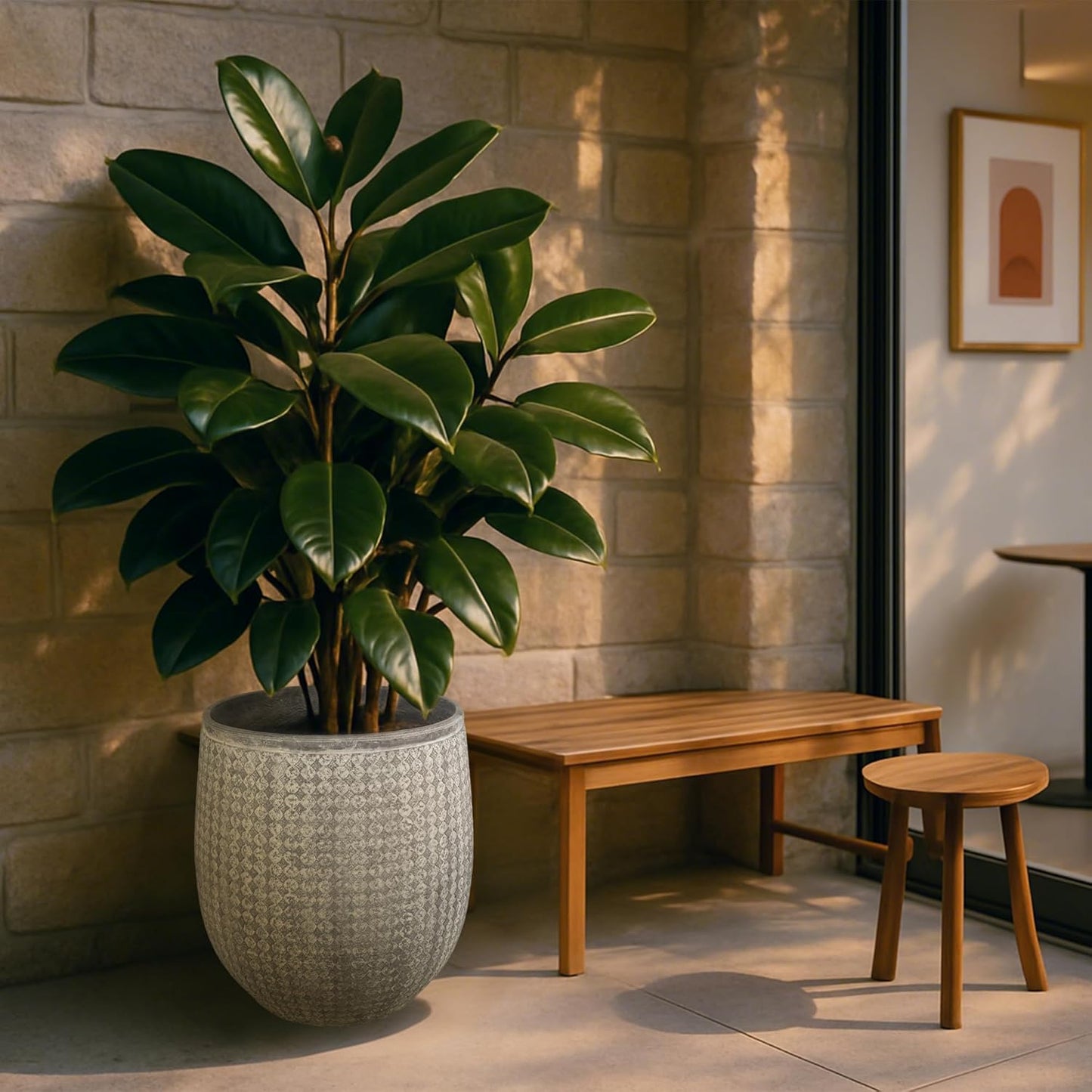 Worth Garden Large Grey Round Planter – 14.5" Dia x 17.5" H Lightweight Magnesium Oxide Cement Plant Pot with Texture – Raised Pattern Concrete Look – Drainage Hole – Indoor & Outdoor Use