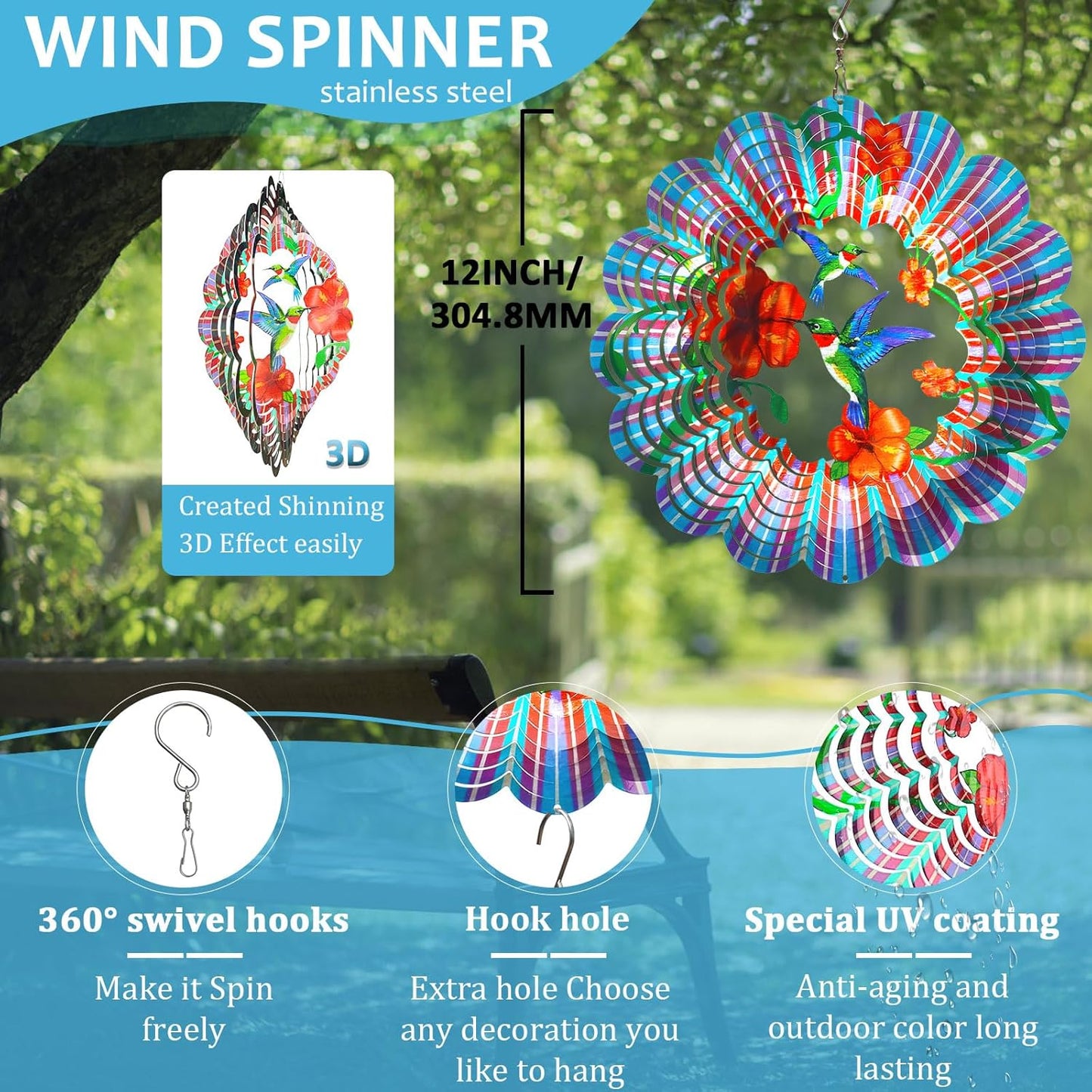 Hummingbird Wind Spinner,Hummingbird Gift for Women/Mother/Father,12In Stainless Steel 3D Wind Spinner Hanging Kinetic Yard Garden Christmas Ornaments,Outdoor & Indoor Wind Sculptures