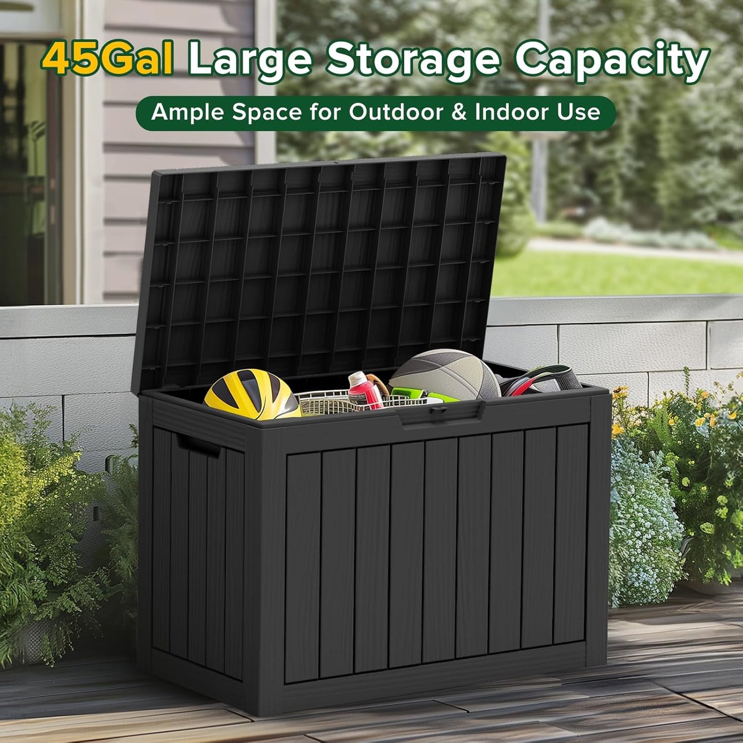 45 Gallon Waterproof Deck Box, Lockable Resin Storage Box for Patio Furniture Cushions, Garden Tools & Outdoor Delivery - Black, Easy Assembly, Multipurpose Patio Seat Bench