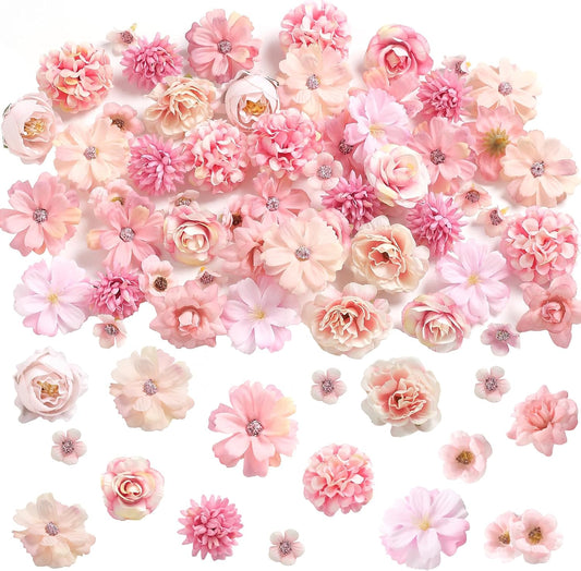 Faux Flower Heads Small Silk Artificial Flower DIY Fake Mini Flowers Rose Daisy Multicolor Flowers Craft Supplies for Wedding Party Wreath Graduation Season Party Home Decor (45, Pink)