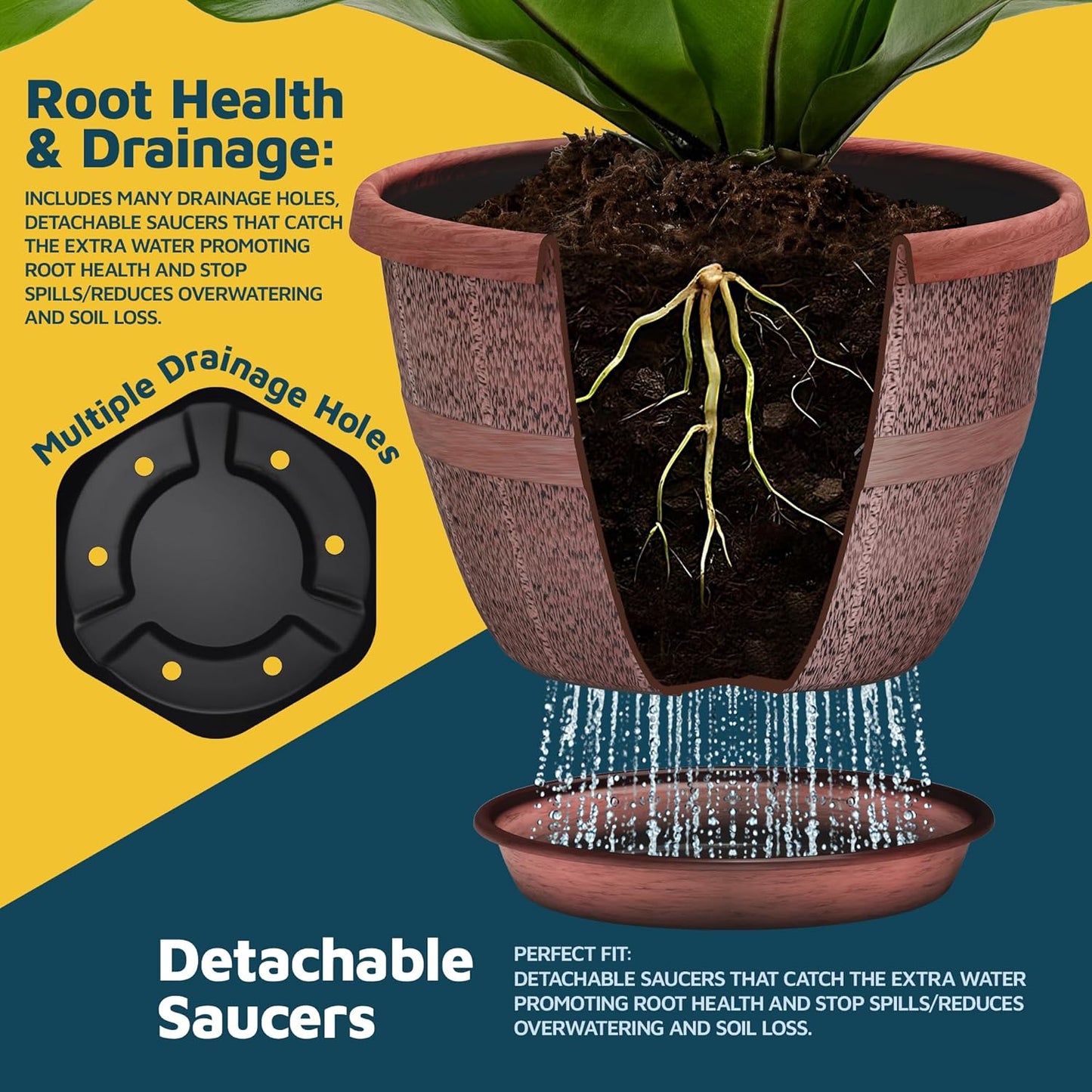 10-Inch Whiskey Barrel Planters Outdoor Pack of 2 - Durable Plastic Plant Pots for Indoor & Outdoor Use with Drainage & Saucer, Lightweight Rustic Barrel Planters for Flowers, Herbs & Small Plants