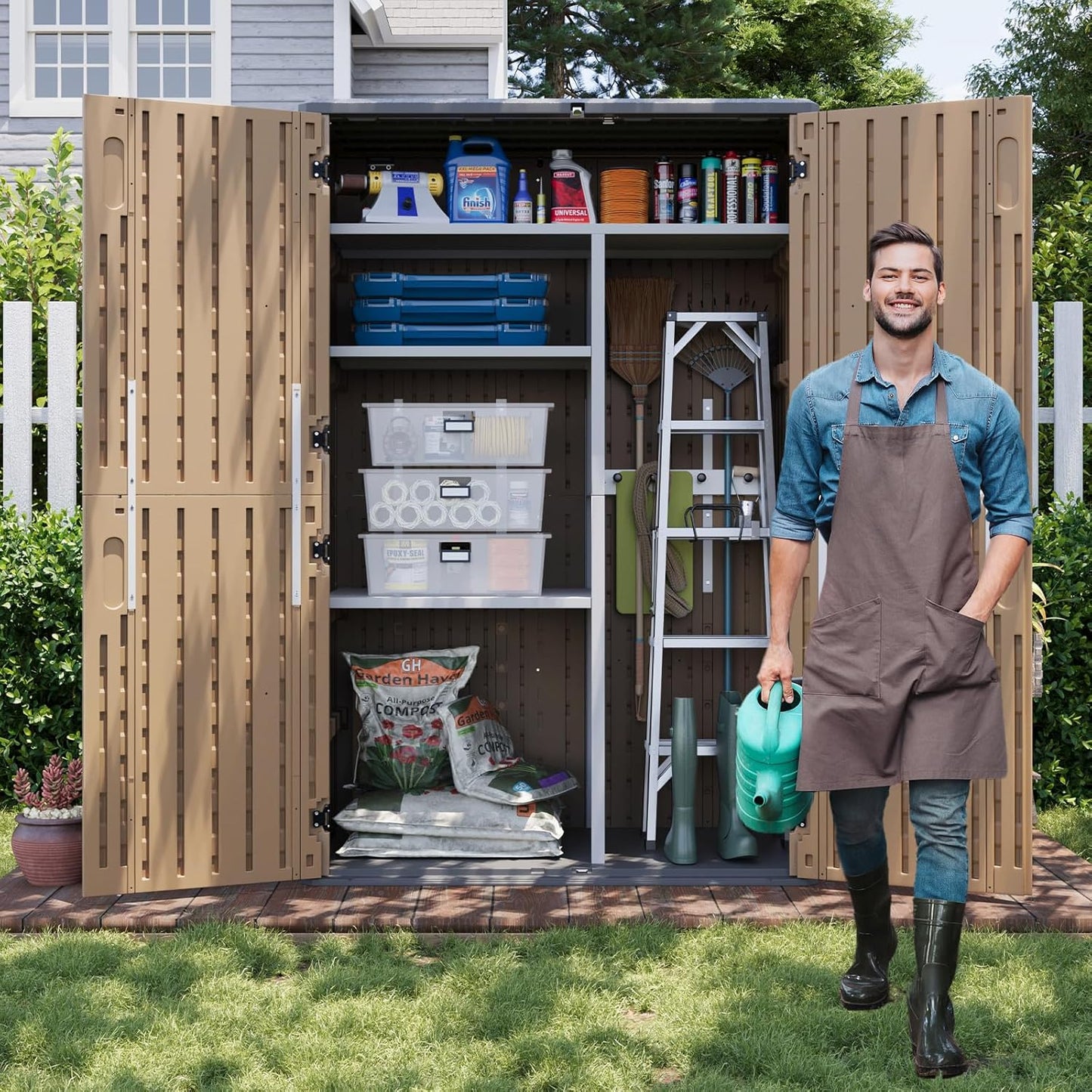 Aoxun Outdoor Storage Shed with Floor, 64 Cu.Ft Large Outdoor Storage Cabinet, Waterproof Vertical Resin Shed for Garden Tools, Pool Equipment, Brown