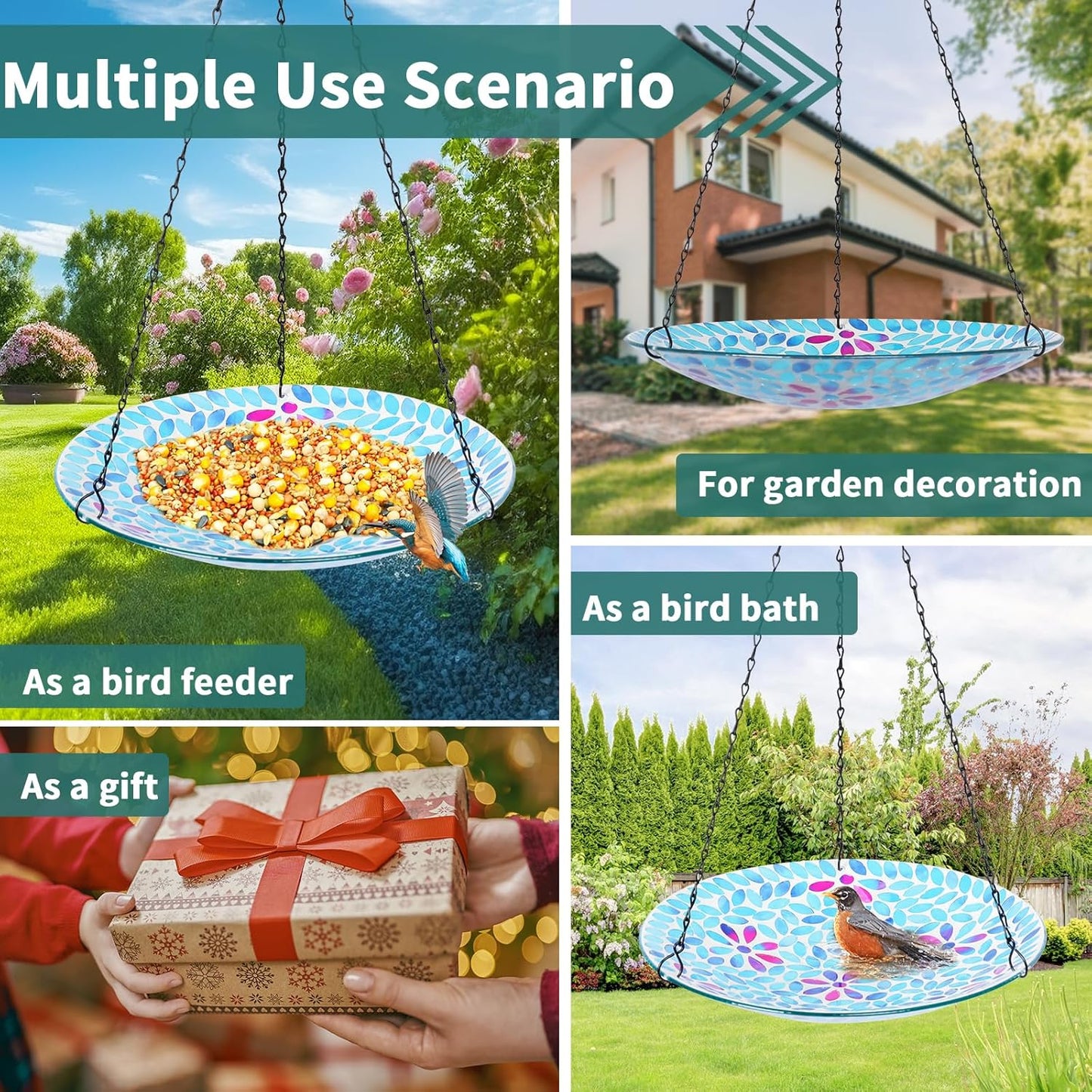 VCUTEKA Hanging Bird Bath, Glass Mosaic Bird Baths for Outdoors Birdfeeder with 21 inch Rust-Proof Chain for Garden Yard Decor, Flower