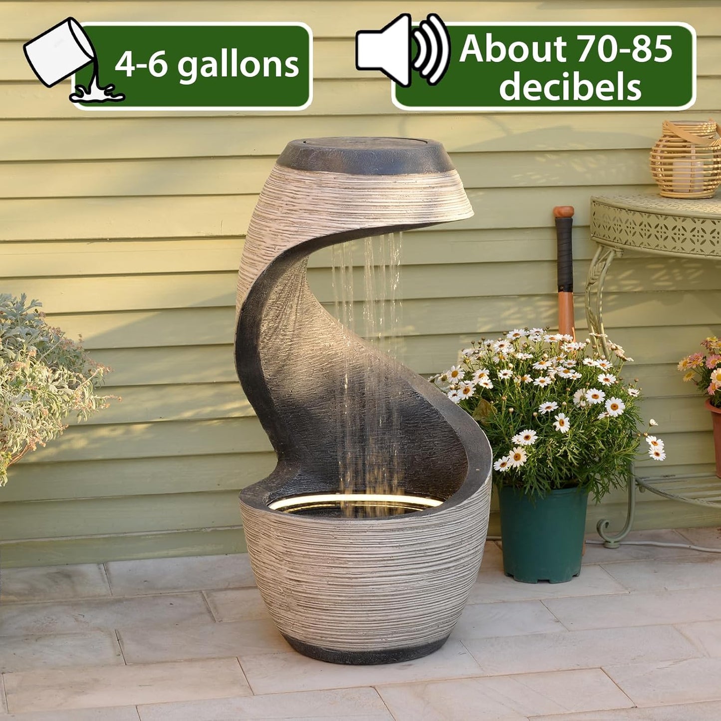 37" Tall S-Shaped Outdoor Waterfall Fountain – Rainfall Water Fountain for Garden, Patio or Backyard Decor, Floor-Standing Resin Garden Fountains Outdoor Water Feature with Flat Top for Plant Display