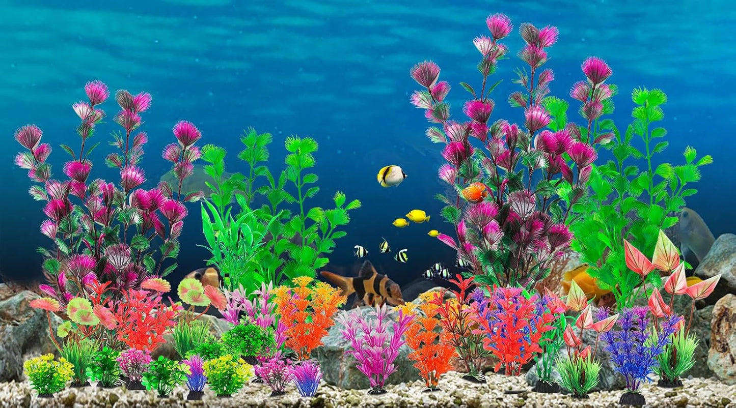 CousDUoBe 30Pcs Aquarium Plants, Fish Tank Accessories Artificial Aquatic Plants,Full Set of Fish Tank Decorations, Various Sizes
