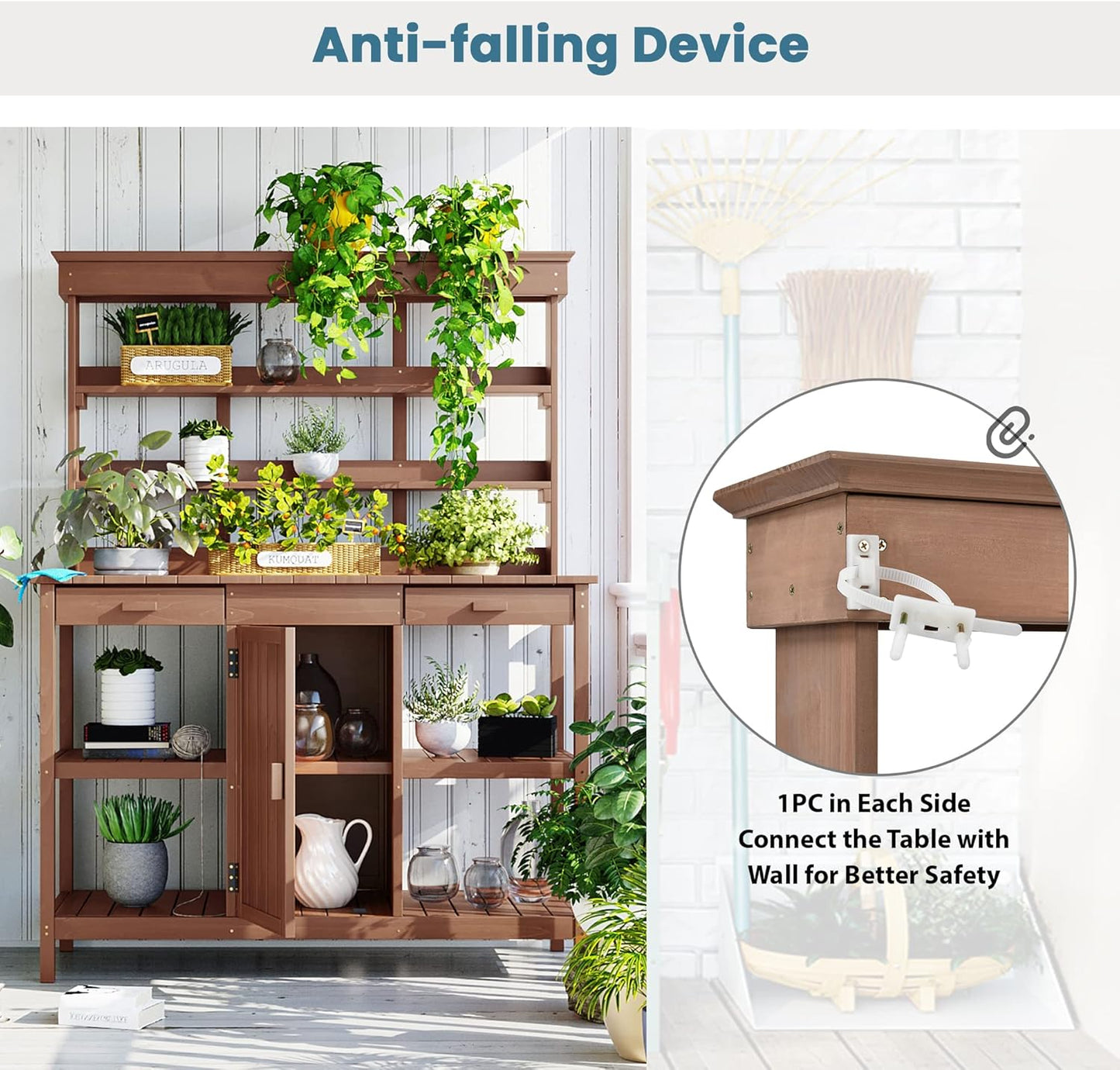 Merax 66" Large Outdoor Farmhouse Wooden Potting Bench Table, Garden Workstation with 2 Drawers, Cabinet, and Open Shelves for Backyard, Mudroom, Brown