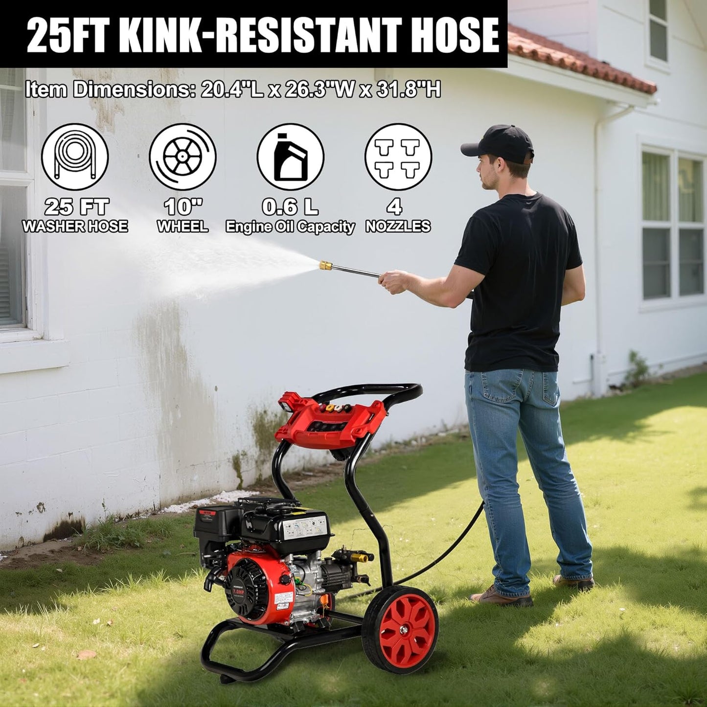 Gas Pressure Washer, 3950 PSI and 2.6 GPM, 7HP Engine with Copper Pump, 25FT Hose and Foam Cannon, 4 Nozzles, for Cars, Driveways, Fences